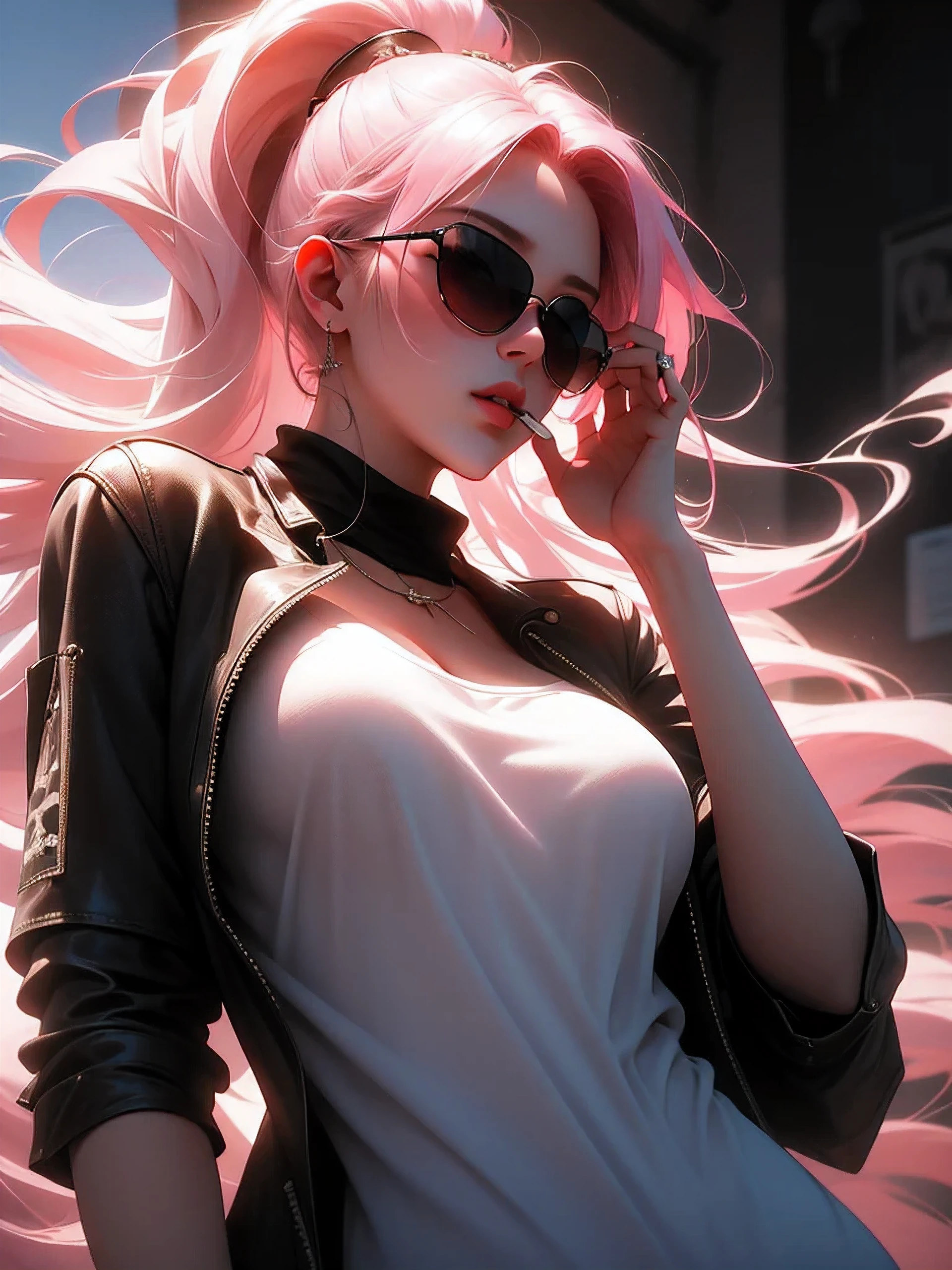 Masterpiece, best quality, a 22 year old girl, light pink hair, wearing sunglasses, smoking a cigarette, ultra detailed, high-res, Unreal Engine, light strokes, 