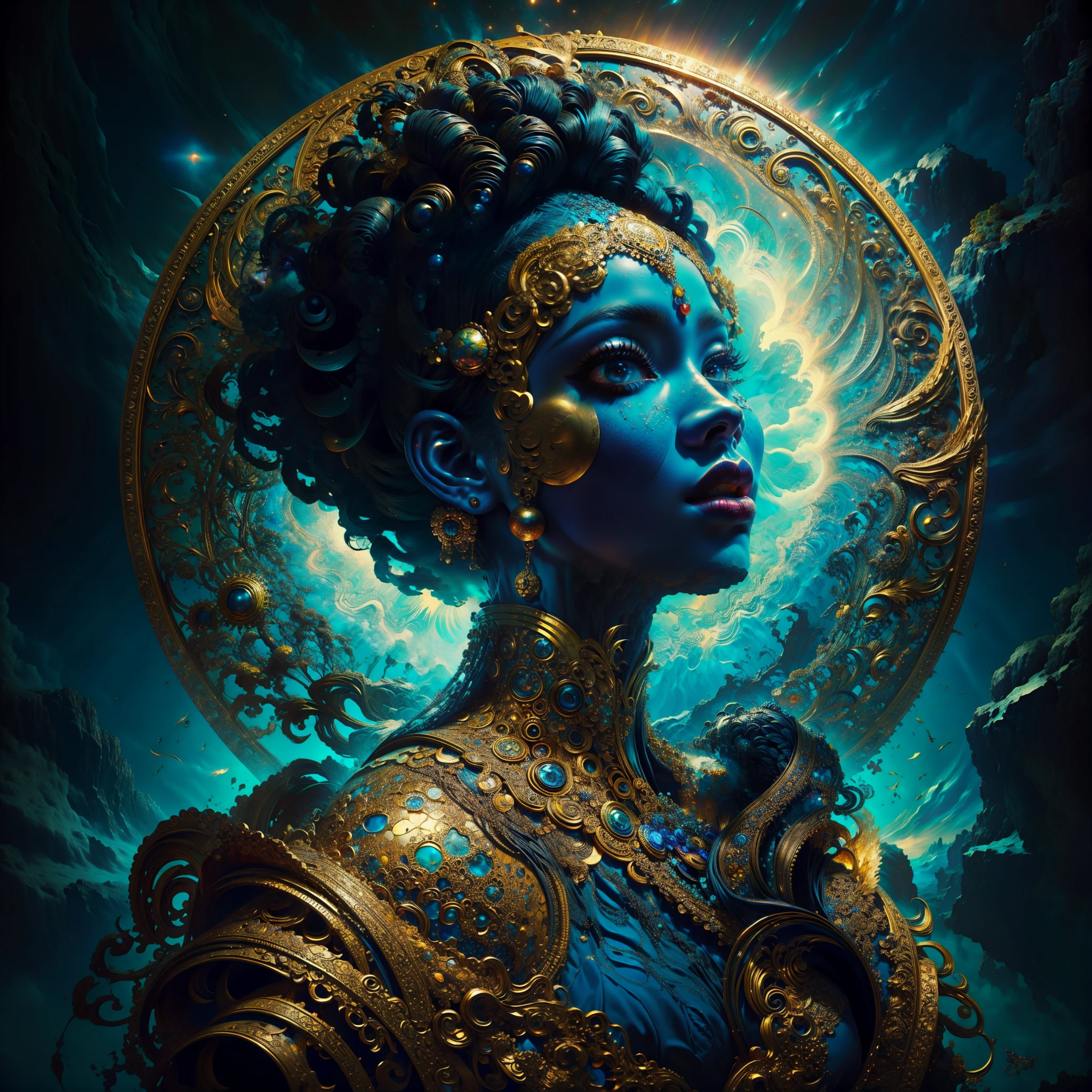 2 women with golden magic, Image background is dark, starry and full of glare with sparks of fire., 2 women with different shades of hair and eyes, 1 girl has green hair, another Meslier has lilac hair