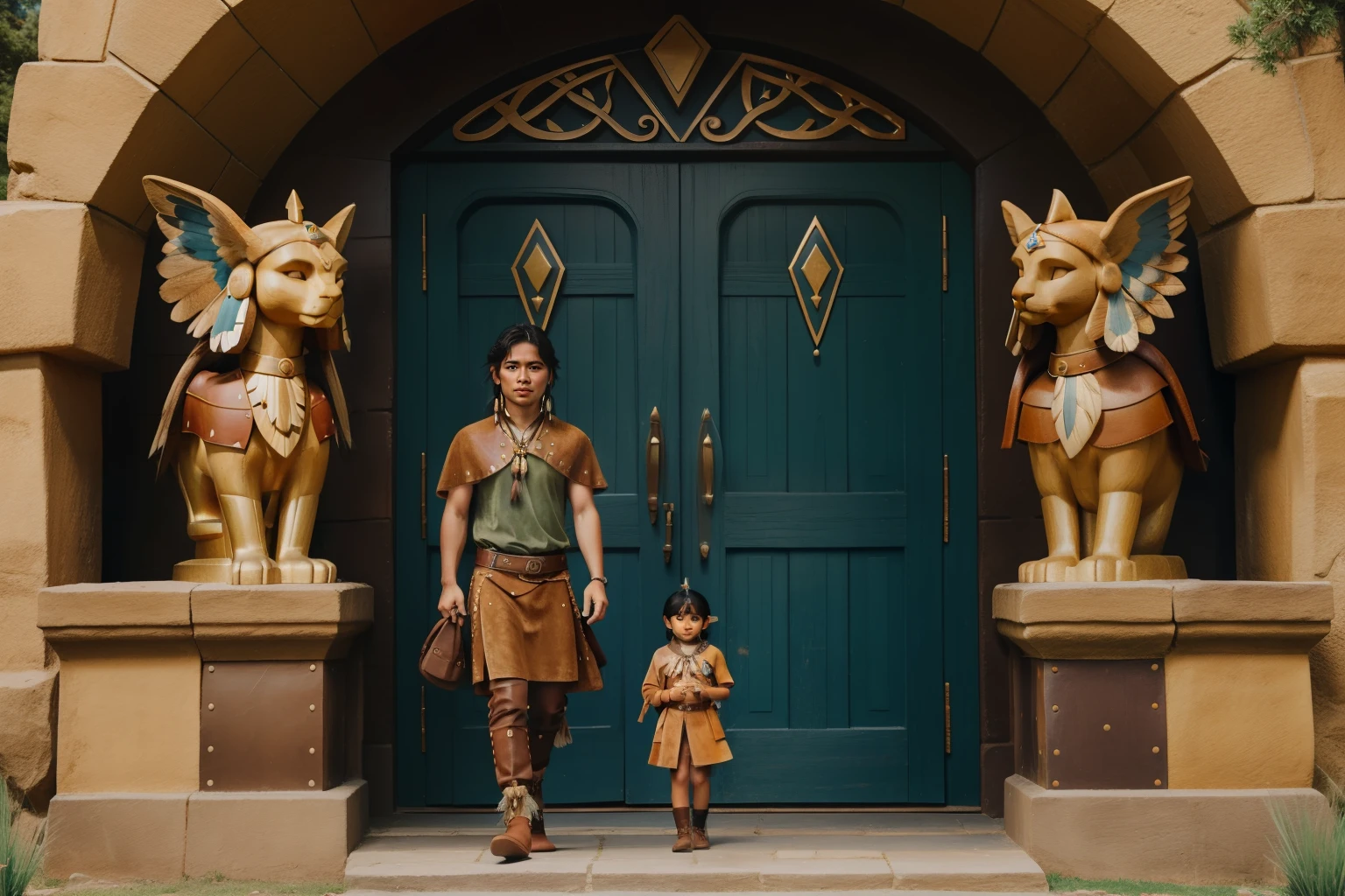Fairytale Kingdom of Fantasia. ((((10-year-old)) Atreyu)), olive-green skin, athletic, brave, wise, in rocky mountain, next to a door guarded by (((two sphinxes))). ((((suede and leather indigenous clothings)))), ((bluish-black hairstyle))