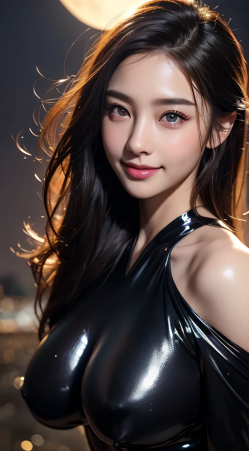 Beautiful woman in kimono,body portrait、8k,thin and beautiful eyes,Dindal effect、masterpiece, 最high quality, high quality, High resolution、very detailed写真、(natural skin texture、fine skin、hyper realism、Super sharpness)、high detail skin、(very detailed、fine skinの質感、intricate details、beautiful face、(lifelike face)、realistic eyes、beautiful and detailed eyes、real looking skin、beautiful skin、big breasts、G cup、shiny skin、shiny bodysuit、squat、surreal、very detailed、golden ratio、with smiling eyes、((night moonlight background))、body portrait