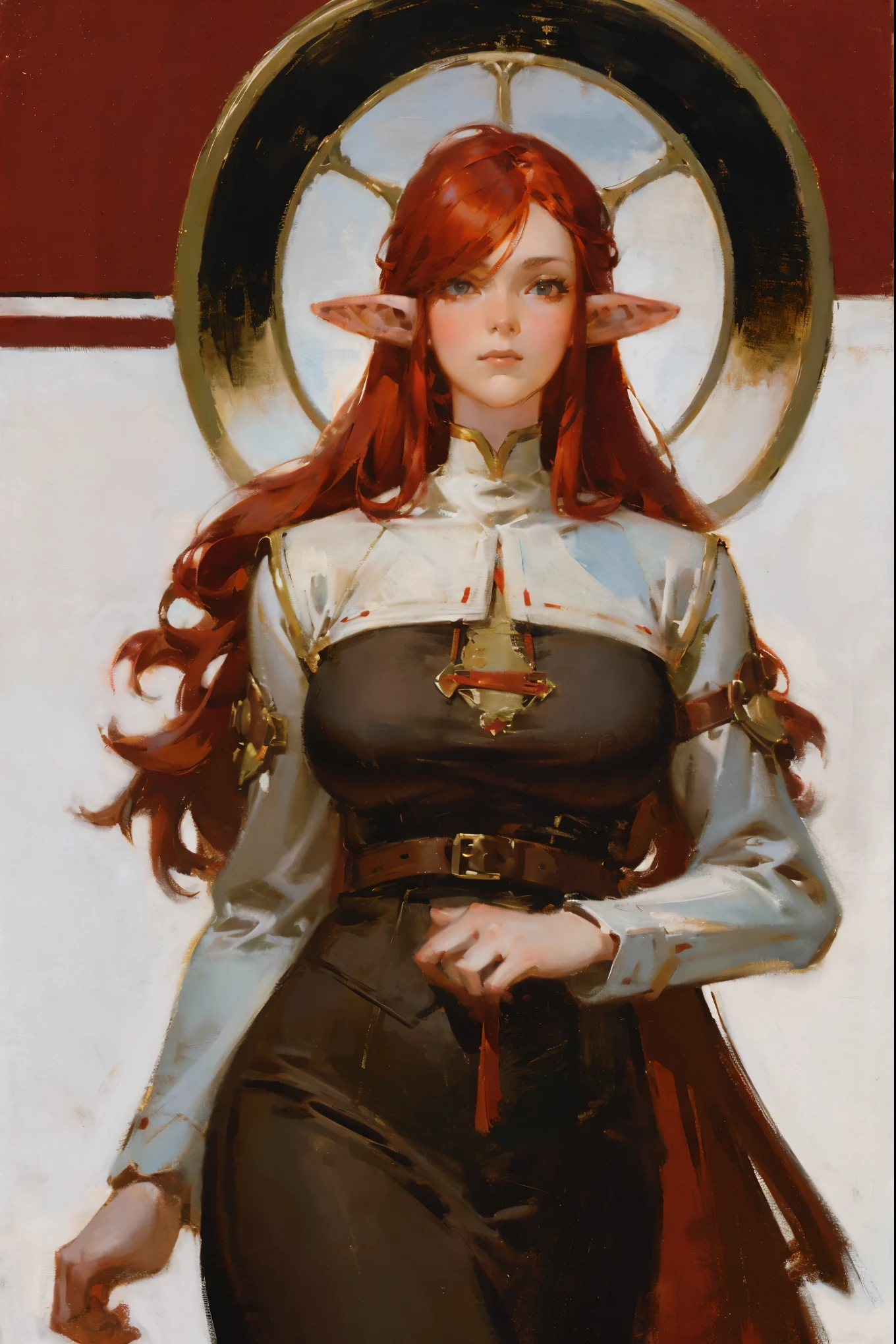 portraiture art of an elf woman, modern clothing, red hair, thick black outlines, character design, character concept art, loose paint, white background, painterly illustration, highly detailed, cartoonish proportions, glossy straight hair, creative