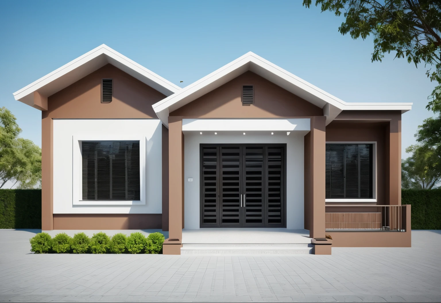 Minimalist architecture, the main materials of the house include white walls, blue concrete effect walls, Realistic images, extremely detailed, a modern house, 1 road in font of house, large yard made by ceramic, (1 car), brick fence, lawn, a few small flowers, a road in front of the house, main materials of the house are white walls and red brick, Modern design, clear blue sky, sunrise light, light from inside, dynamic light,shimering light, cinematic light, romantic feeling, (((day light, warm light)))