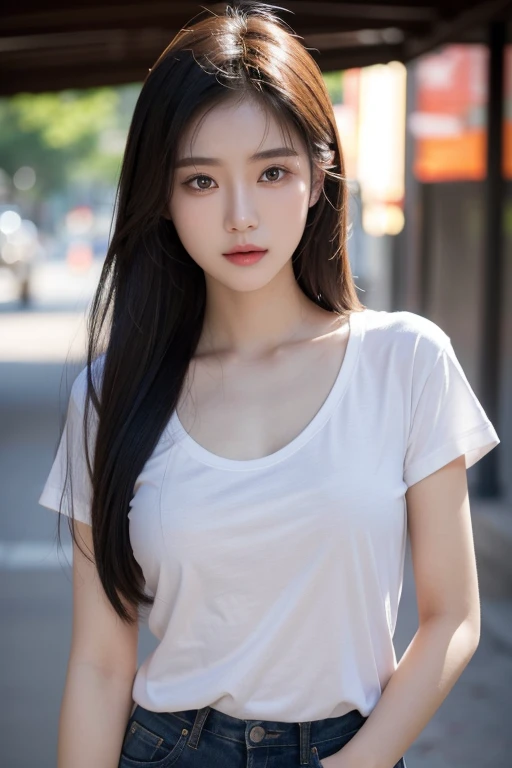 masterpiece, top-quality, 1 beautiful girl, (Detailed beautiful eyes), ((Detailed skin white)) , ((Detailed medium dark blue hair)), A beautiful girl colorful tank top and short jeans, colorfull short, photo RAW, Camera angle behind, CG rendering, Blurred background, deep shadow, 16K, bokered, Very detailed, wallpaper, depth of field, movie light,, Ray tracing.