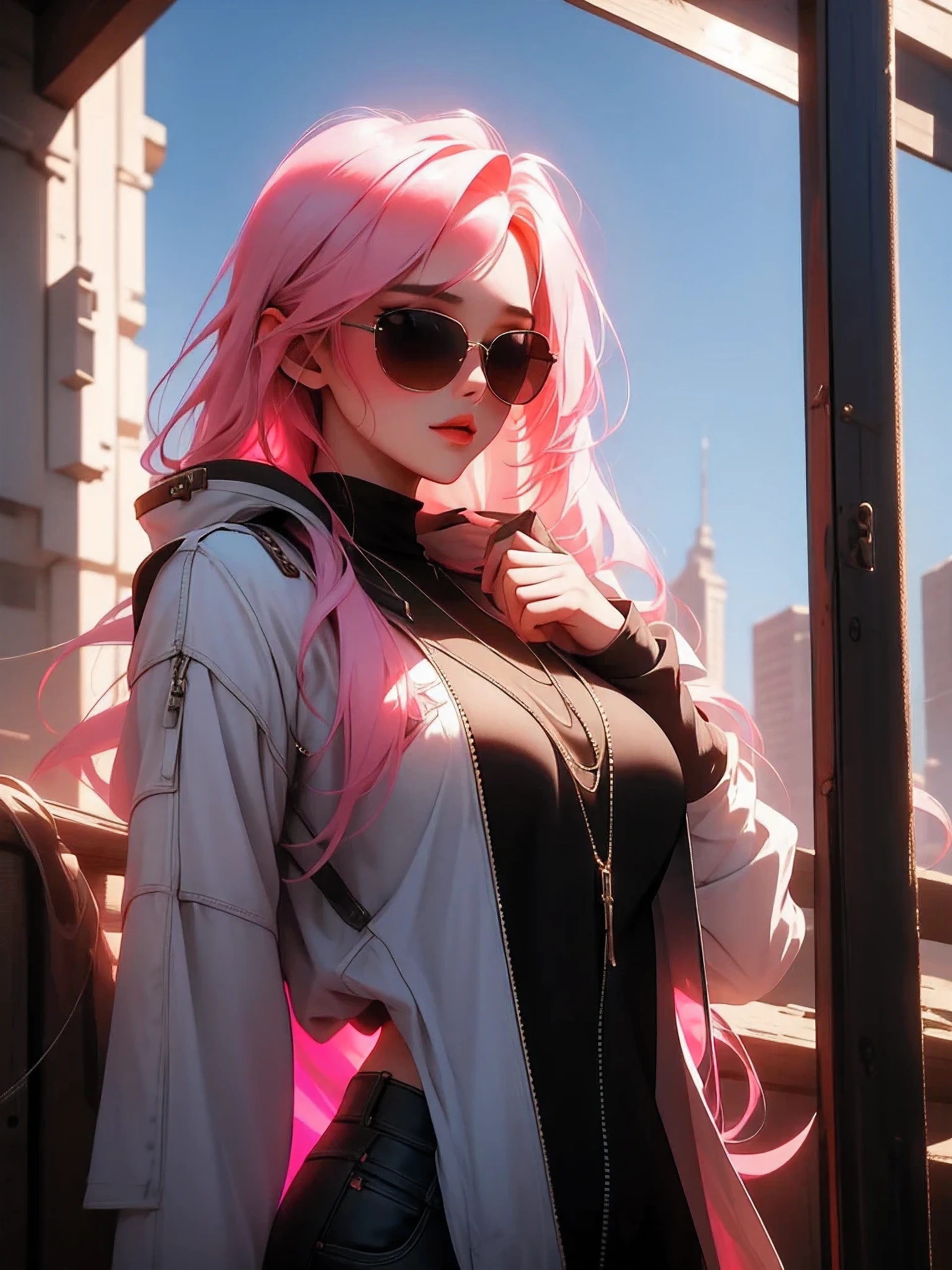 Masterpiece, best quality, a hot, seductive 22 year old girl, light pink hair, wearing sunglasses, ultra detailed, high-res, Unreal Engine, light strokes, 