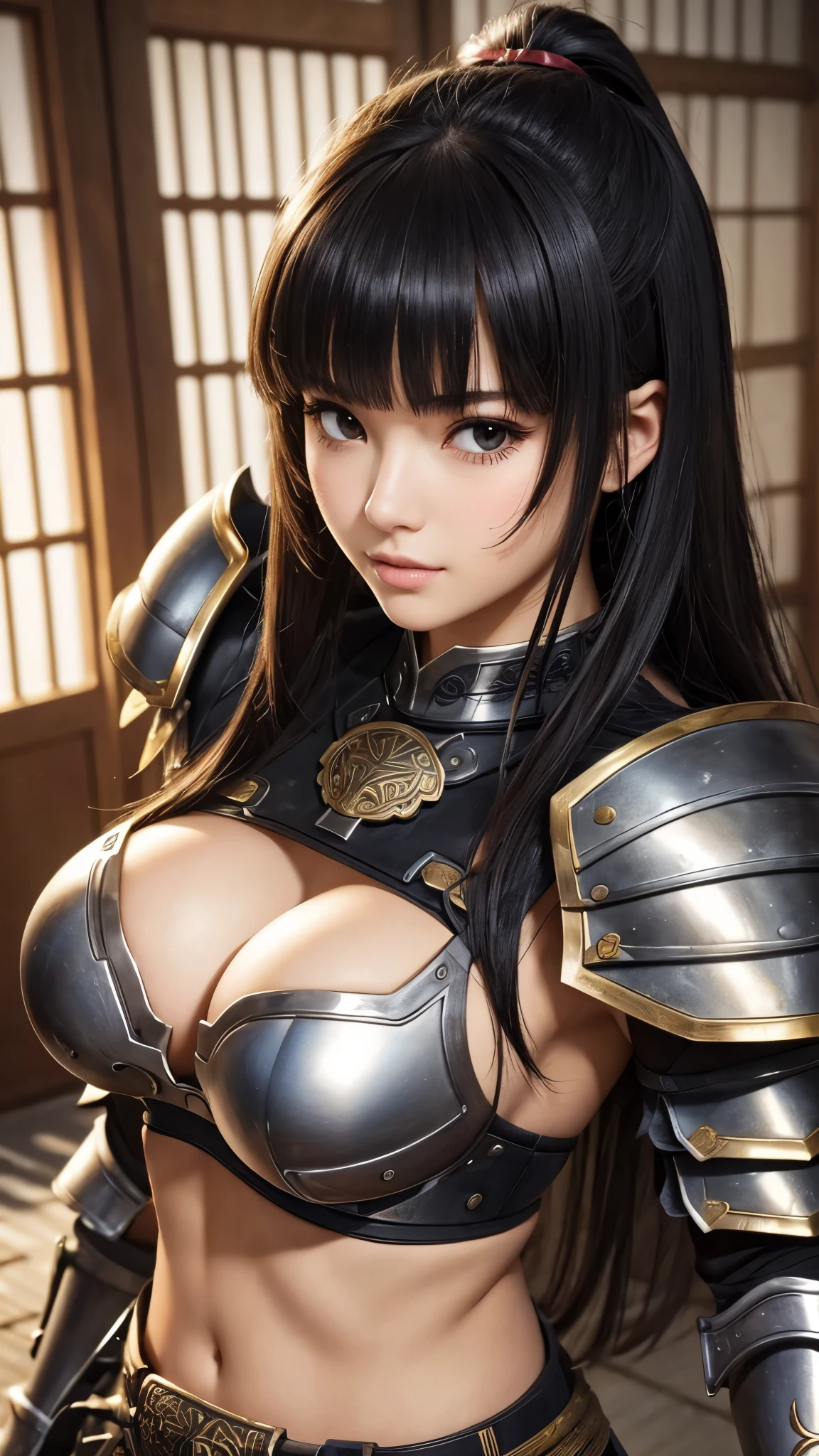 ((best quality)), ((muste piece)), (detailed face), (highlight), young girl、big breasts、blunt bangs、black hair、Sengoku warlord、armor、
