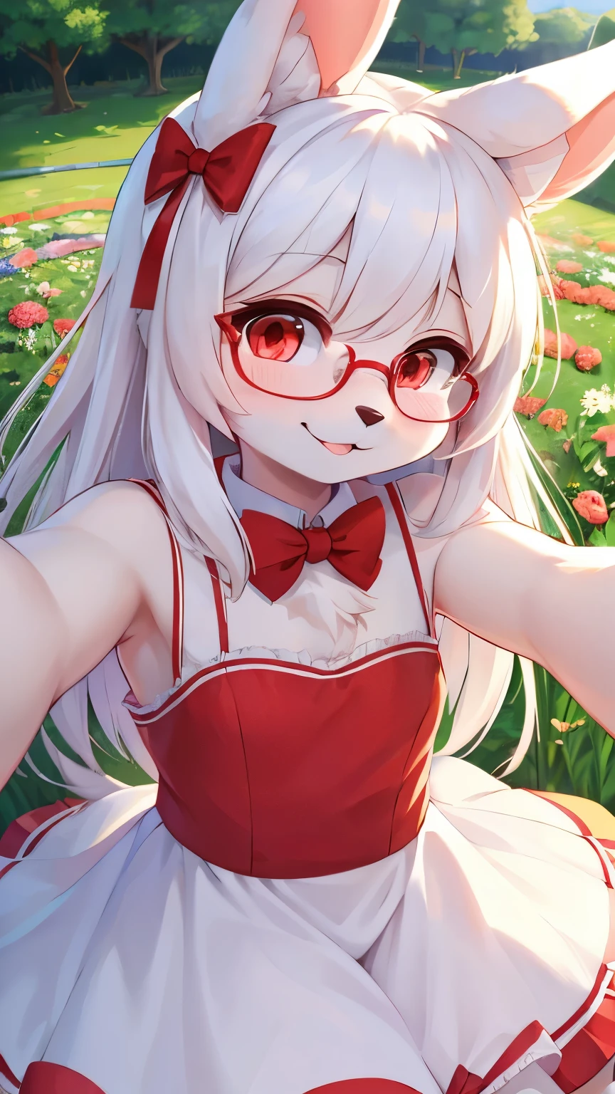 best quality,best resolution,(fluffy anthro furry :1.6),(young :1.6),white rabbit girl,small breasts,red eyes,glistering eyes,white long hair,white rabbit long ears,white rabbit tail,red ribbon bowtie,glasses,red ribbon hairpin,red bracelet with ribbon,pink cute ruffles dress with ribbon,shoulderless,sleeveless,huge flower garden,white sunlight,outdoor,looking at viewer,happy face,smile,heavy breath,full face blush,selfie