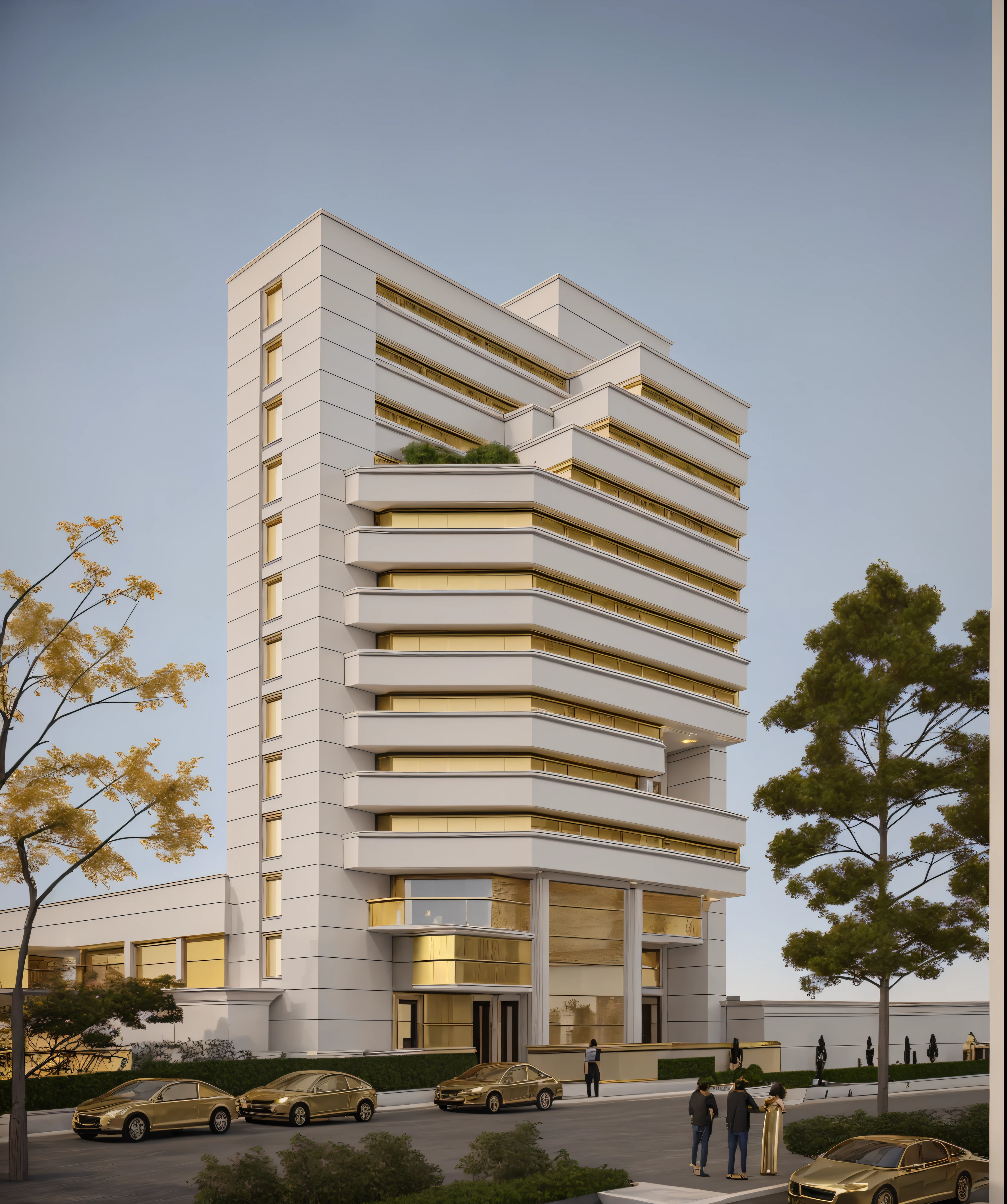a rendering of a row of modern apartment buildings with balconies, neo - classical style, neo - classical, neo-classical, wide angle exterior 2022, precise architectural rendering, neoclassical style, exterior design, inter dimensional villa, high quality rendering, architectural rendering, residential, neo classical architecture, ultra realistic rendering, rich house, architectural visualization,((gilded wall:1,3)),((The entire building's walls are plated with 24k gold:1.3))
