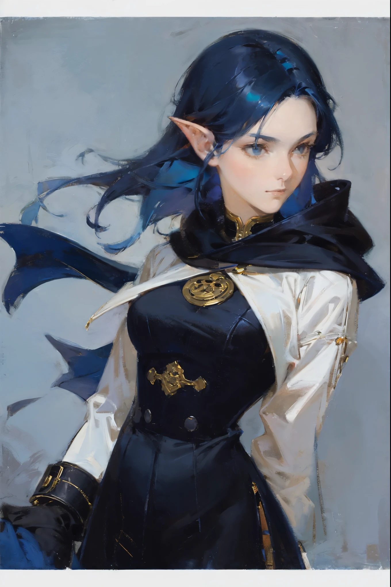 portraiture art of an tiefling woman, modern clothing, blue hair, dark blue hair, thick black outlines, character design, character concept art, loose paint, white background, painterly illustration, highly detailed, cartoonish proportions, glossy straight hair, creative