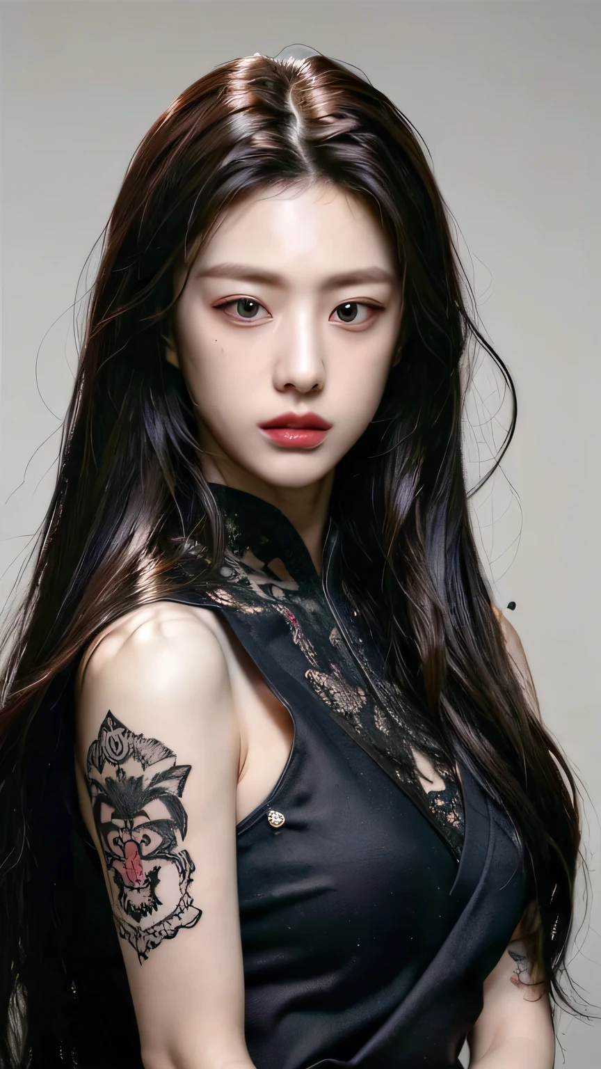 Tattoo girl, Very beautiful, super long hairstyle, messy hair, killing intent, Handsome man, betrayal, irate, Dark background, 8K, Dynamic Wallpapers, Very delicate, Very dense, dinamic pose, dinamic style, masterpiece, gangsta, mafia, tatto body, mafia tatto, beautiful, ethernal beautiful, beauty mafia, boss, blood, at the street broken city, blood dress, a lot tatto, perfect face, seductive pose, sexy mafia