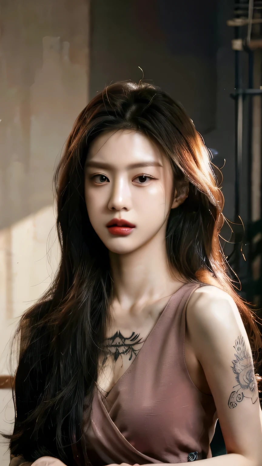Tattoo girl, Very beautiful, super long hairstyle, messy hair, killing intent, intent vibe, Handsome man, betrayal, irate, Dark background, 8K, Dynamic Wallpapers, Very delicate, Very dense, dinamic pose, dinamic style, masterpiece, gangsta, mafia, tatto body, mafia tatto, beautiful, ethernal beautiful, beauty mafia, boss, blood, at the street broken city, blood dress, a lot tatto, perfect face, seductive pose, sexy mafia