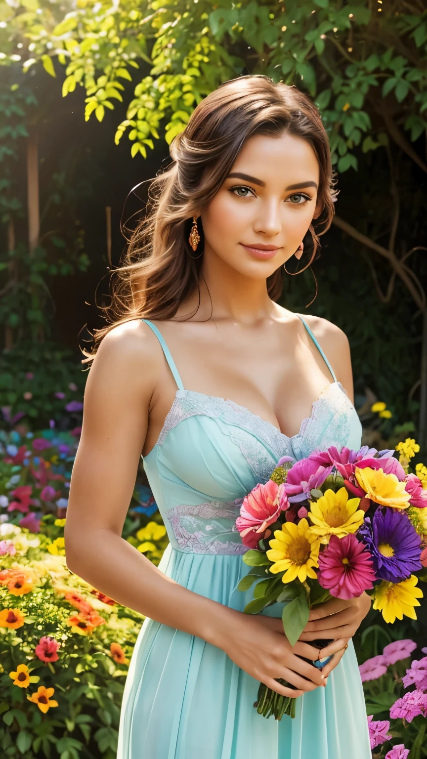 holding a bouquet of colorful flowers in a vibrant garden, surrounded by butterflies and basking in the warm sunlight. (best quality, highres, ultra-detailed), (portrait, outdoor), (bright and vibrant colors), (soft and dreamy lighting), (realistic).