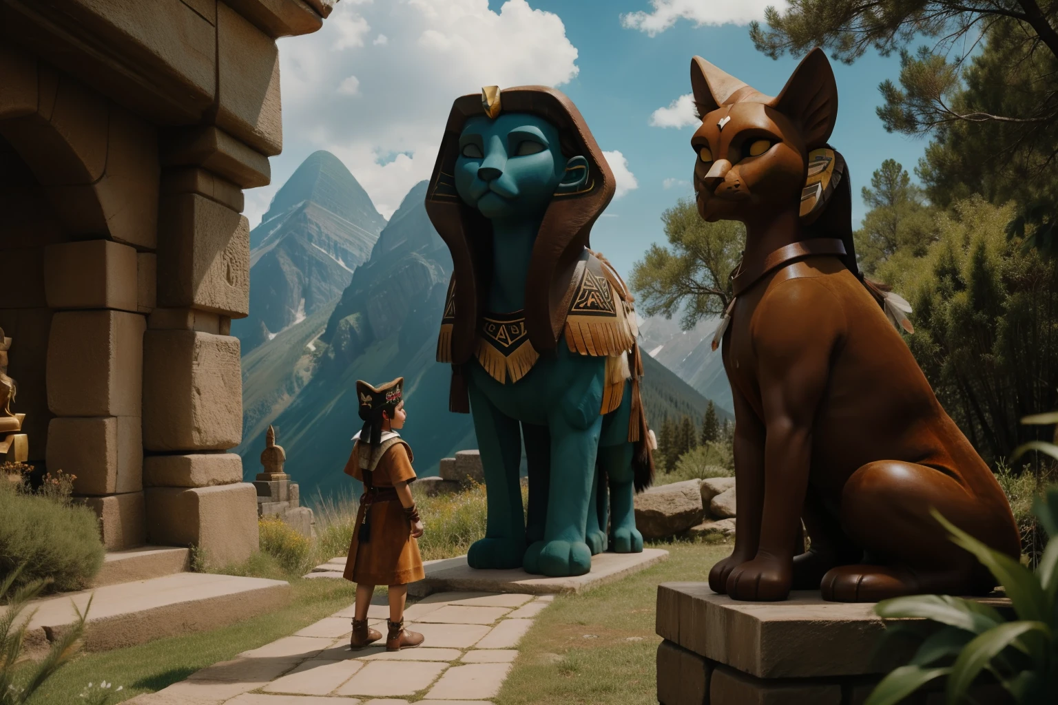 Fairytale Kingdom of Fantasia. ((((10-year-old)) Atreyu)), olive-green skin, athletic, brave, wise, in rocky mountain, looking up to a tall door guarded by (((two sphinxes))). ((((suede and leather indigenous clothings)))), ((bluish-black hairstyle))