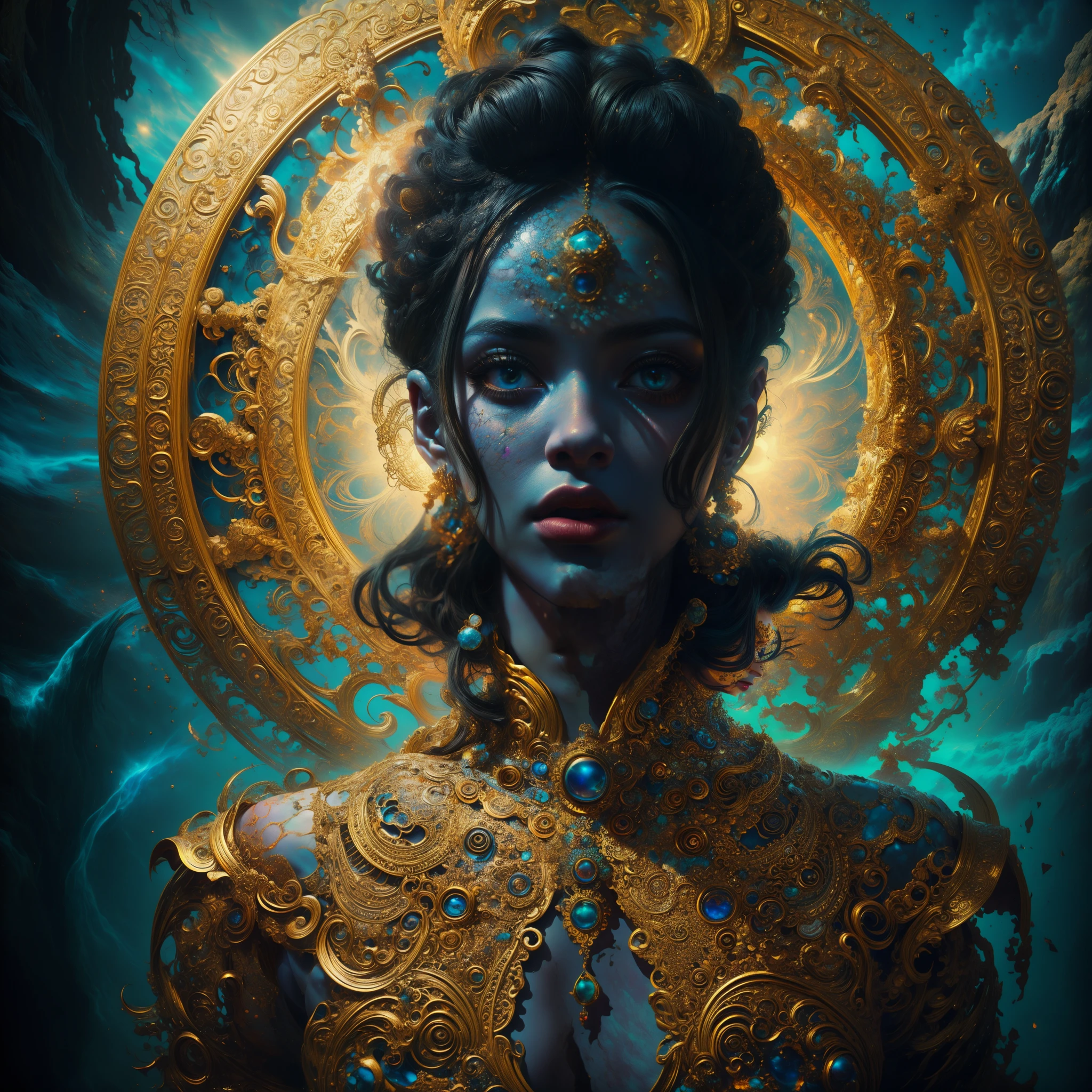 (Meisterwerk, top quality, best quality, Offizielle Kunst, Beautiful and aesthetic:1.2), (1girl), extrem detailliert,(fraktale Kunst:1.3),bunt,highly detailed, Arafed-Bild einer Frau mit goldenem Gesicht und schwarzem Haar, dark-skinned female goddess of love, Afrofuturismus, Portrait of a cosmic goddess, Afrofuturistic, afrozentrische Mystik, Portrait of a beautiful goddess, Goddess art, fraktal, artstation, artgerm