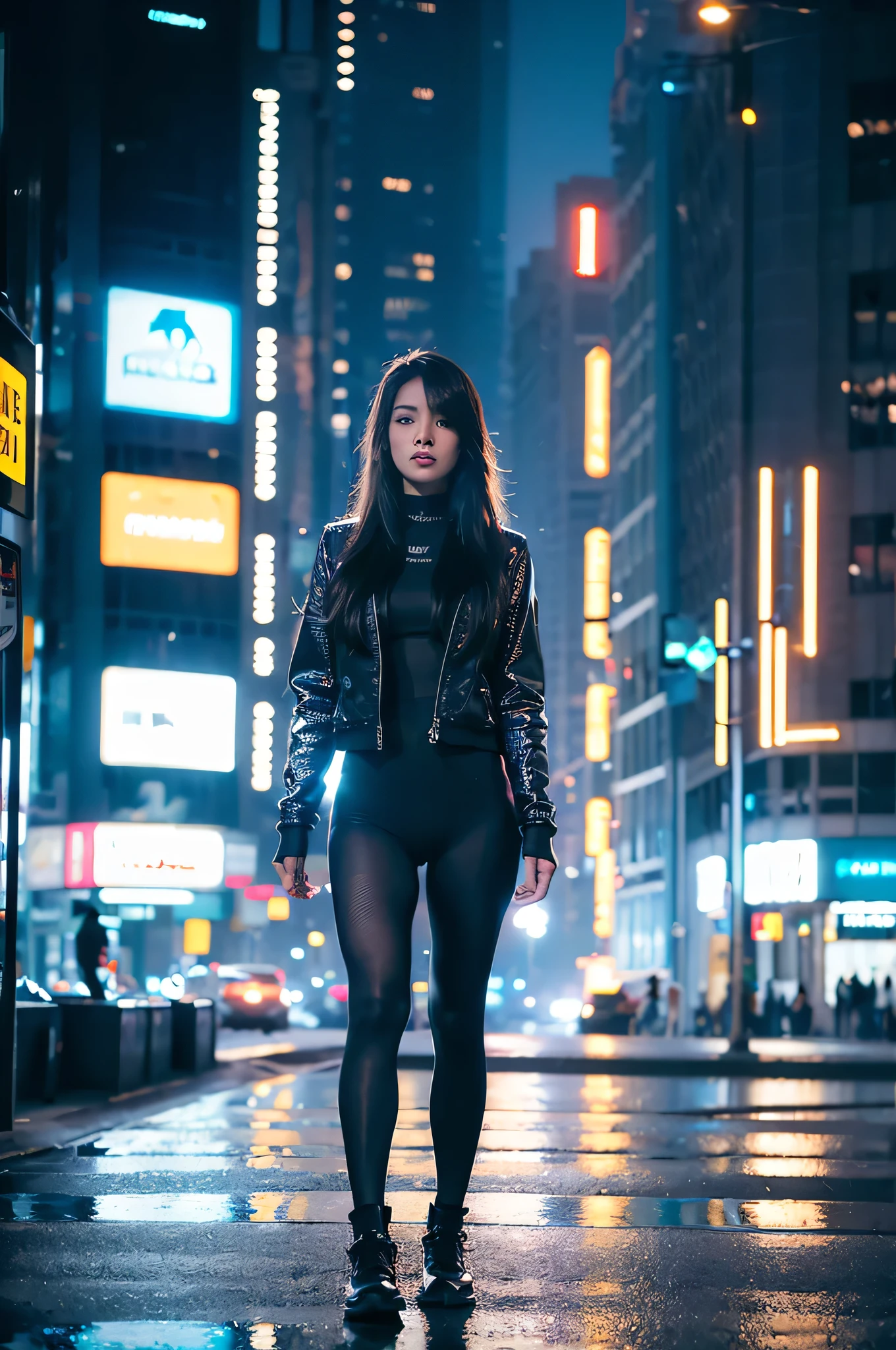 Ultra-realistic portrait of a young woman walking through the futuristic streets of New York City in the year 2050, captured in stunning detail and precision, 8k resolution, hyper-realism, urban landscape, high-tech architecture, vibrant city lights, detailed facial features, intricate clothing, advanced materials such as holographic textiles, advanced lighting effects, day time, bustling city atmosphere