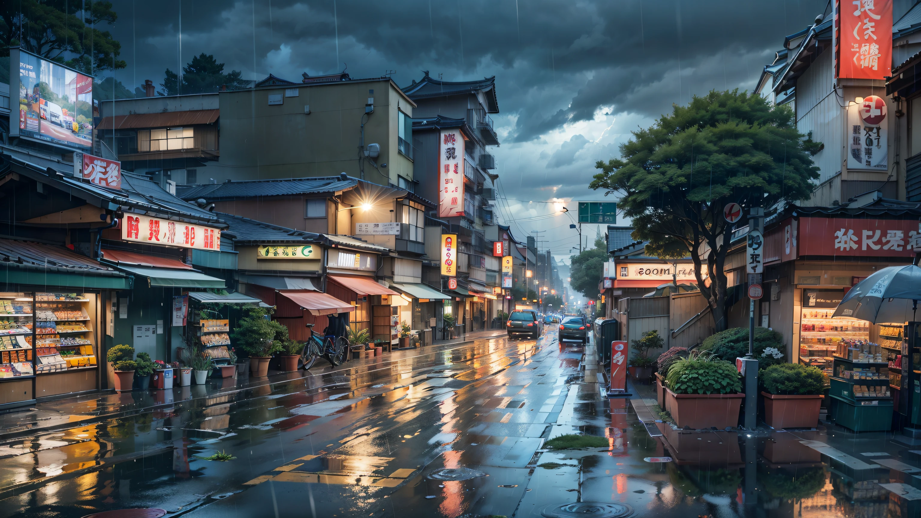 anime, anime background, anime style, japan, Japanese street, overlooking city, modern Japanese architecture, Japanese style buildings, Japanese convenience store, Japanese shop signs, Japanese signs, plant pots, (no one: 1), no people, no one in sight, no cars, no vehicles, rain, raining, heavy rainfall, wet, puddles, dramatic rain, dramatic rain, heavy rain, lots of rain, rain drops, rain falling, rain drops falling, gloomy weather, emerging sun through clouds, storm