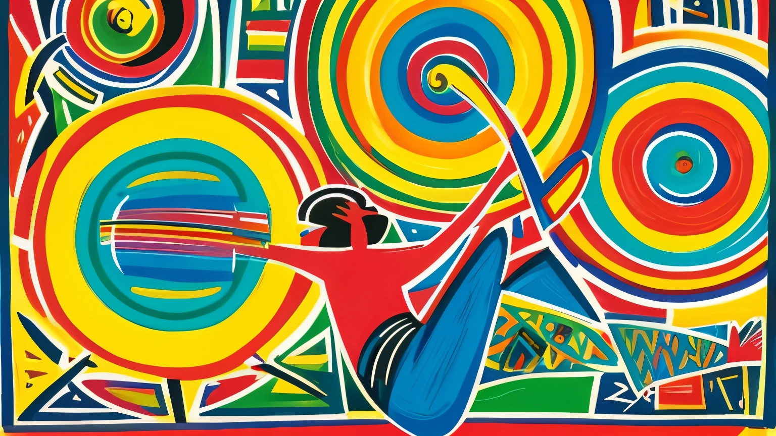 A vibrant and expressive Basquiat-style painting depicting a person engaging in a leisurely activity that brings them true happiness, surrounded by positive energy and uplifting symbols. The overall tone should be joyful, carefree, and inspiring, emphasizing the value of prioritizing personal time and self-expression.