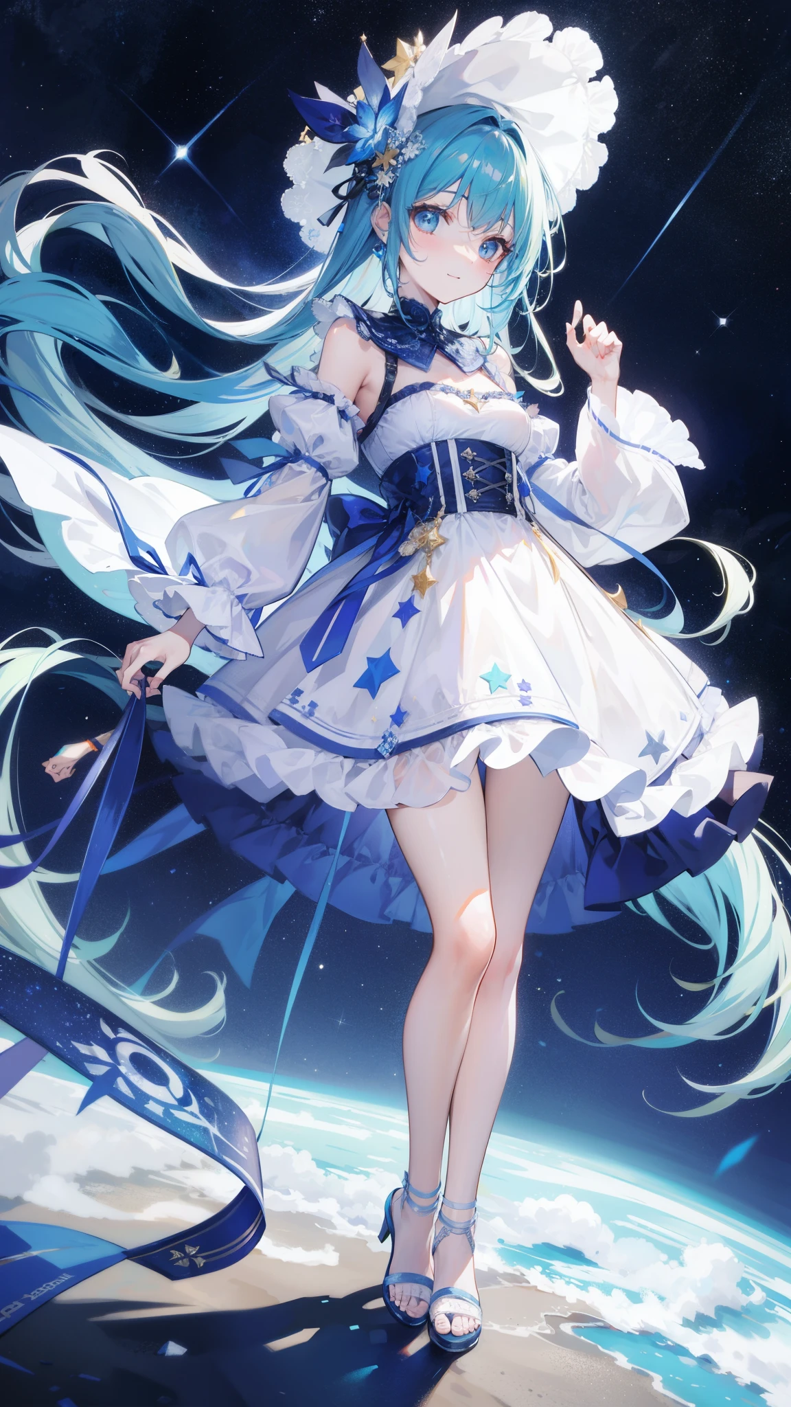 32k, highest quality, expensive_solve, clear_image, detailed background, cute girl, plain, starry sky, Beautiful modeling, smile,