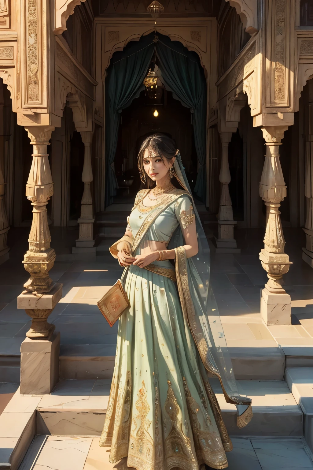 Please create a Rajasthani Hindu marriage invitation card background of the highest quality and masterpiece standard. Imagine a vivid and intricately detailed scene, filled with the rich culture and beauty of Rajasthan. The backdrop is set against a subtly lit, sandstone palace with ornate carvings.
The marble wall's surface reflects the warm glow of the setting sun, casting a soft golden hue over the entire scene. The empty spaces are adorned with exquisitely painted peacocks, their radiant blue and green feathers standing out against the warm colors of the background.
The invitations are printed on ultra-detailed 8K CG paper, resembling