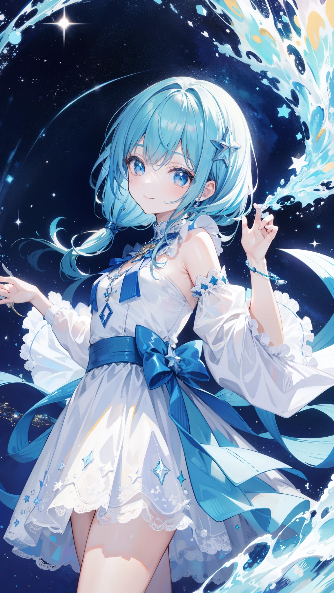 32k, highest quality, expensive_solve, clear_image, detailed background, cute girl, plain, starry sky, Beautiful modeling, smile,