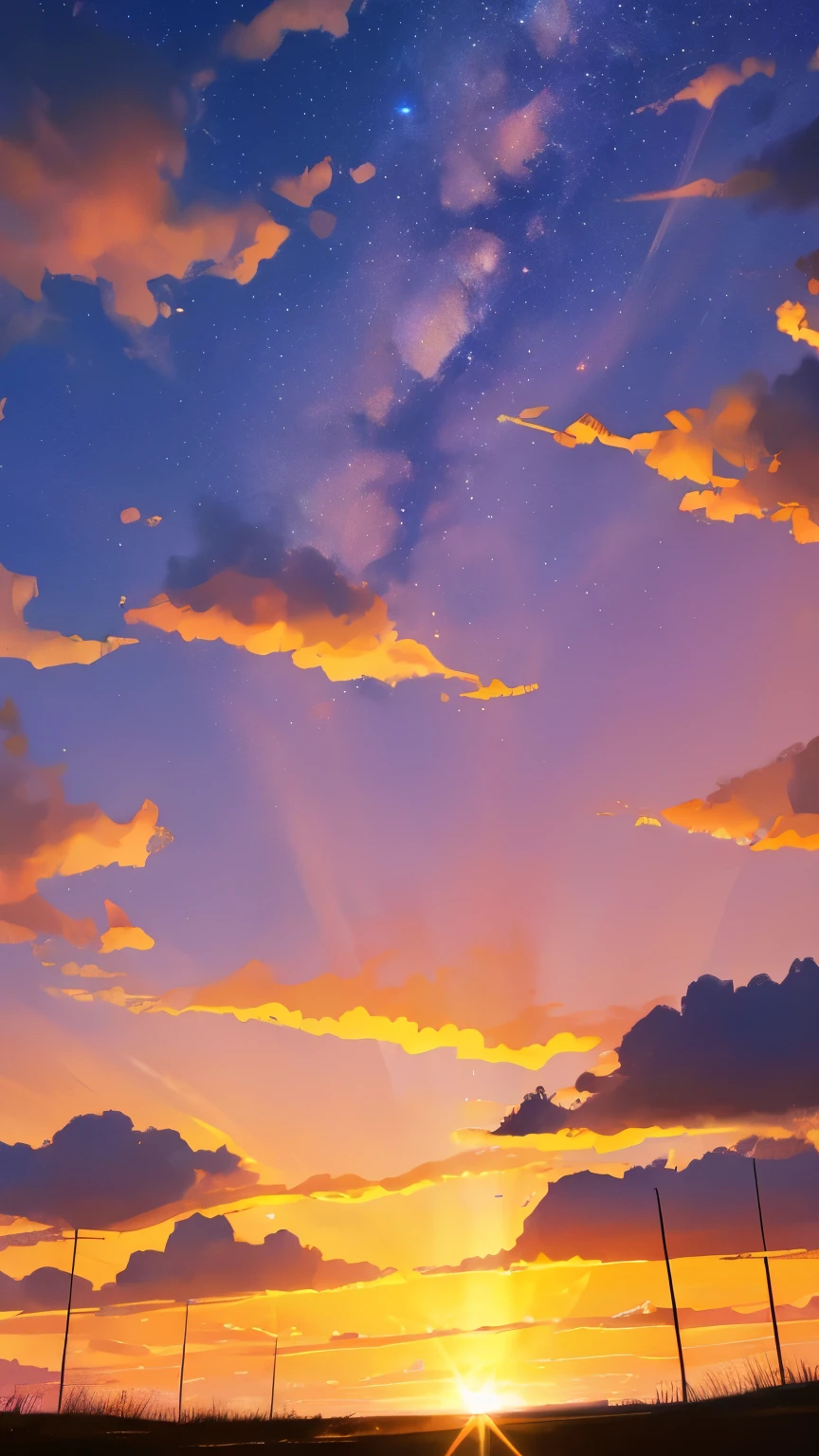Golden shooting stars in the sky during beautiful sunset.