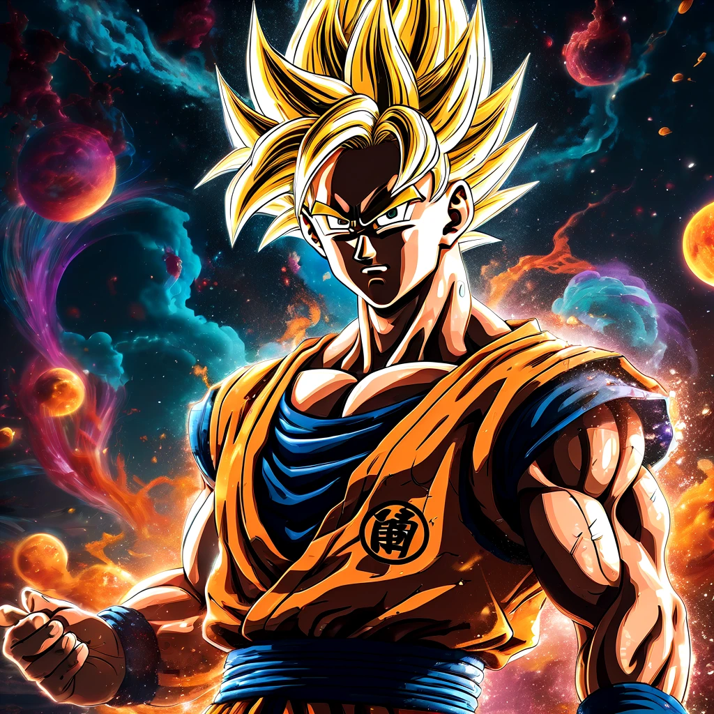 Dragonball, aesthetic, extremely detailed, best quality, 4k, vibrant colors, dynamic poses, intense action, nostalgic, epic battles, martial arts, energy blasts, iconic characters, super saiyan transformations, powerful aura, mythical creatures, cosmic landscapes, dramatic lighting, anime style, immersive world-building, power levels, high-flying acrobatics.