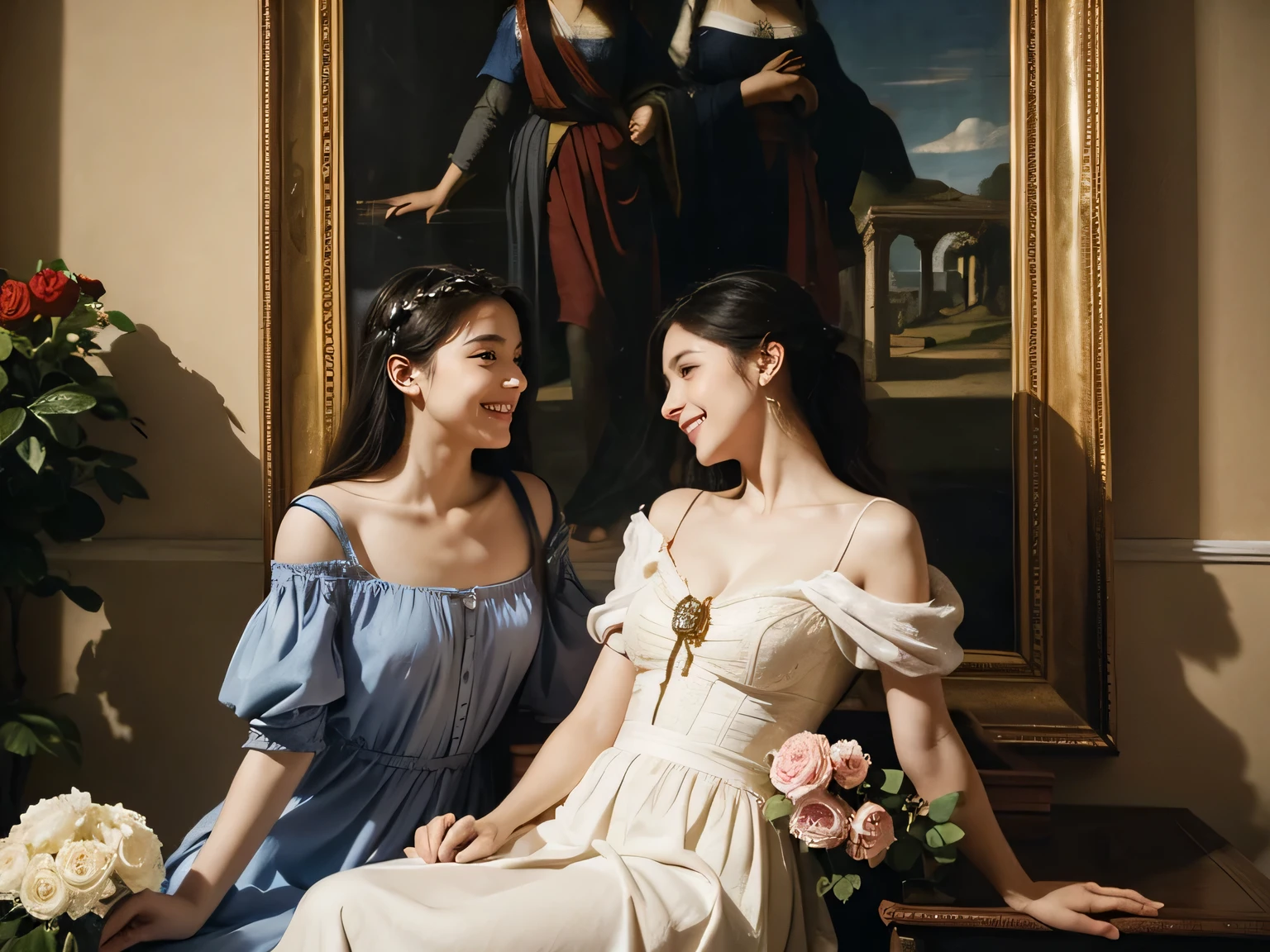 Giorgione painting style,Arguments of two female Philosophe,math、astronomical machine、astronaut、roses in vase、fruits、Cute trinkets、smile、ancient greek costume、Ancient Roman landscape in the style of Nicolas Poussin,laughter,,Sweet and seductive appearance.、Caravaggio's paintings、Chiaroscuro of Caravaggio、hair tousled by the wind,Two women frolicking,cute smile, expression of ecstasy,Sexy,erotic