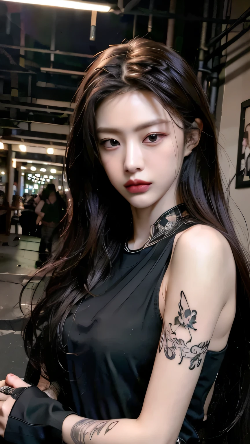 Tattoo girl, Very beautiful, super long hairstyle, messy hair, killing intent, Handsome man, betrayal, irate, Dark background, 8K, Dynamic Wallpapers, Very delicate, Very dense, dinamic pose, dinamic style, masterpiece, gangsta, mafia, tatto body, mafia tatto, beautiful, ethernal beautiful, beauty mafia, boss, blood, at the street broken city, blood dress, a lot tatto, perfect face, seductive pose, sexy mafia, seductive mafia, black floor, alley