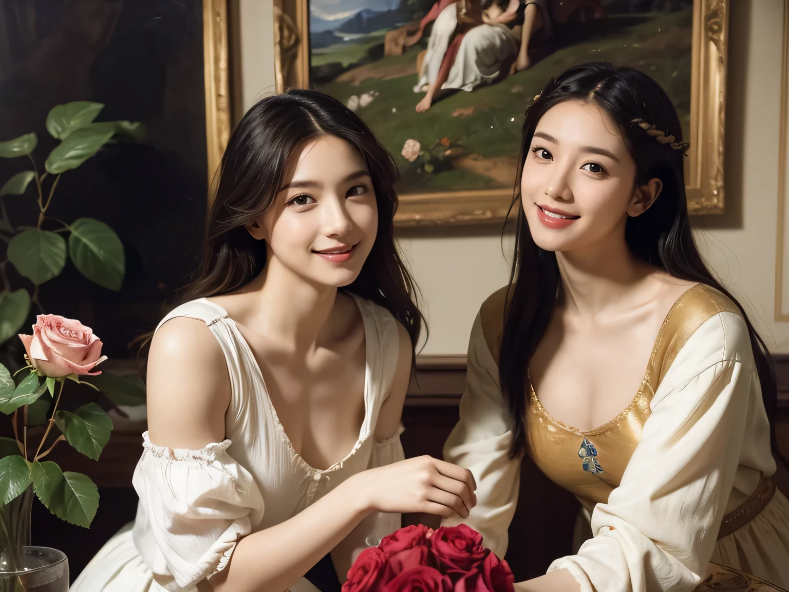 Giorgione painting style,Arguments of two female Philosophe,math、astronomical machine、astronaut、roses in vase、fruits、Cute trinkets、smile、ancient greek costume、Ancient Roman landscape in the style of Nicolas Poussin,laughter,,Sweet and seductive appearance.、Caravaggio's paintings、Chiaroscuro of Caravaggio、hair tousled by the wind,Two women frolicking,cute smile, expression of ecstasy,Sexy,erotic