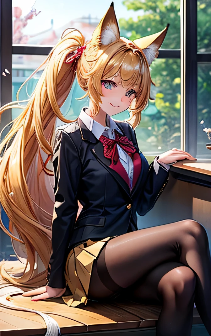 RAW photos, 8 thousand, best quality, depth of field, ultra high resolution, golden hair, side long ponytail hair, Butterfly hairpin, Gold-eyed, Full-length illustration of a female student with nine-tailed fox ears and a nine-tailed fox tail sitting at a desk and looking out the window where cherry blossoms are fluttering in the classroom.., Korean high school student style,uniform, cross-legged, black pantyhose, Strong leg muscles, smiling