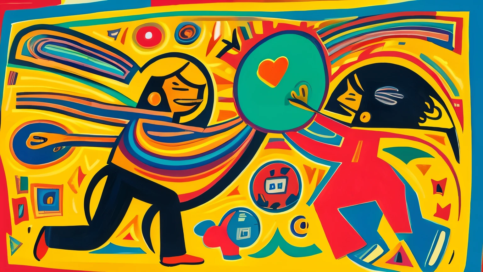 A vibrant and expressive Basquiat-style painting depicting a person engaging in a leisurely activity that brings them true happiness, surrounded by positive energy and uplifting symbols. The overall tone should be joyful, carefree, and inspiring, emphasizing the value of prioritizing personal time and self-expression.