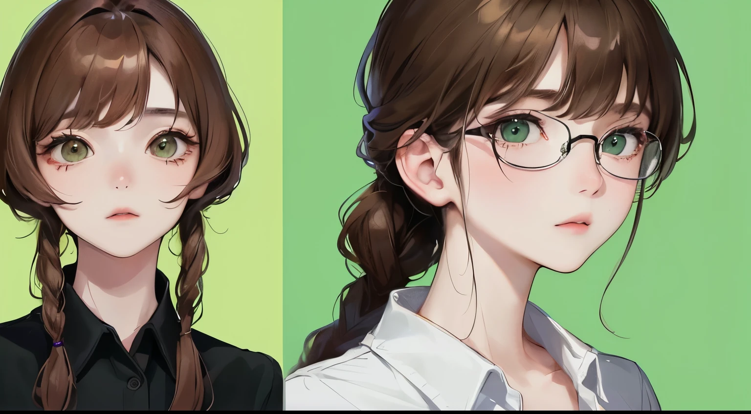 (((one girl)))、(View from the front))、Masterpiece,best quality, (((sigh))), determined expression, Glasses、((No expression))、black shirt、upper body diagram
(highest resolution、clear_image)、best quality、contrast of light and shadow、((illumination))、very detailed、semi-realistic、braided hairstyle、brown hair、bangs、25 years old、office Lady,,young、((green background))、delicate facial features facial features、