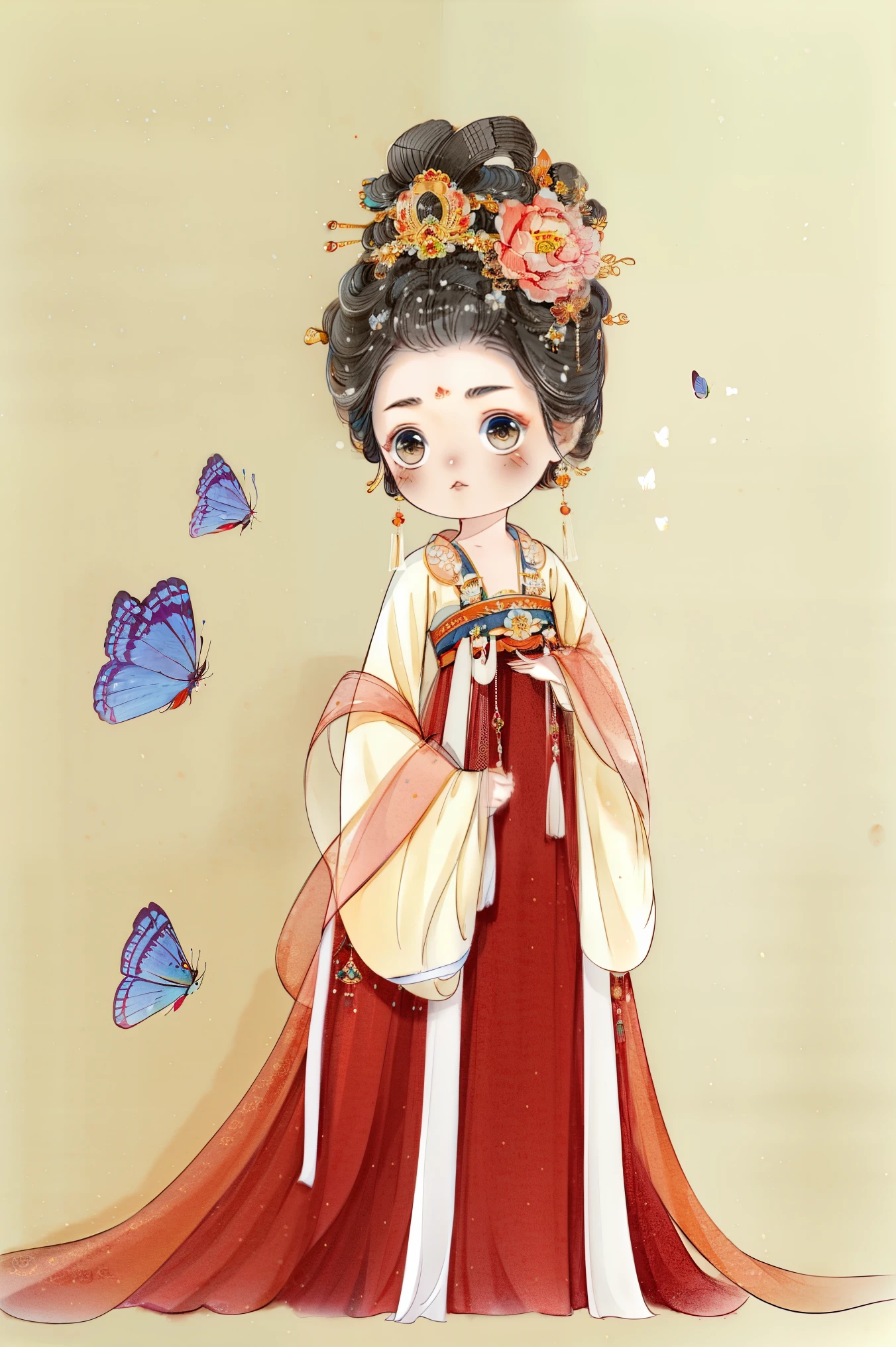 1 sister, alone, looking at the audience, Blushed, background with, black hair color hair, hair accessories, Qing Dynasty flag head,. princess crown, long sleeves, White background, Everlasting, Full body female love, flowers bloom, hair flower, bun, Butterfly, masterpiece, recent quality, best details, clear facial features, beautiful eyes