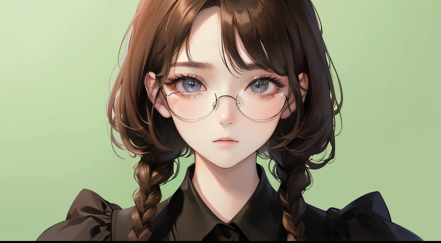 (((one girl)))、(View from the front))、Masterpiece,best quality, (((sigh))), determined expression, Glasses、((No expression))、black shirt、upper body diagram
(highest resolution、clear_image)、best quality、contrast of light and shadow、((illumination))、very detailed、semi-realistic、braided hairstyle、brown hair、bangs、25 years old、office　Lady,,young、((green background))、delicate facial features facial features、