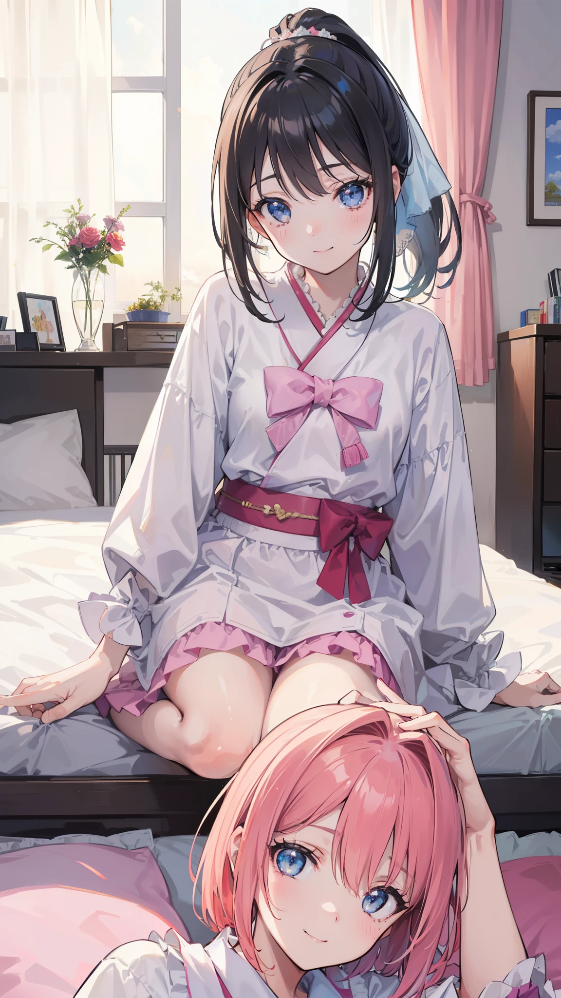 absurd solution, High resolution, (masterpiece: 1.4), Super detailed, (((detailed face, detailed expression)), two girls, girl and girl, friend, best friend, Classmate, relax, ponytail, bob, sitting on bed, sitting on the floor, two people talking, The background is inside the room, friend, Relatives and friends, Home, 1K, small room, curtain, bed, tv set, machine, sweets, Talk about travel with friend, get together, fun, smile, room wear, Kyoto Animation, Kyoto Animation atmosphere, Sparkling, shine,