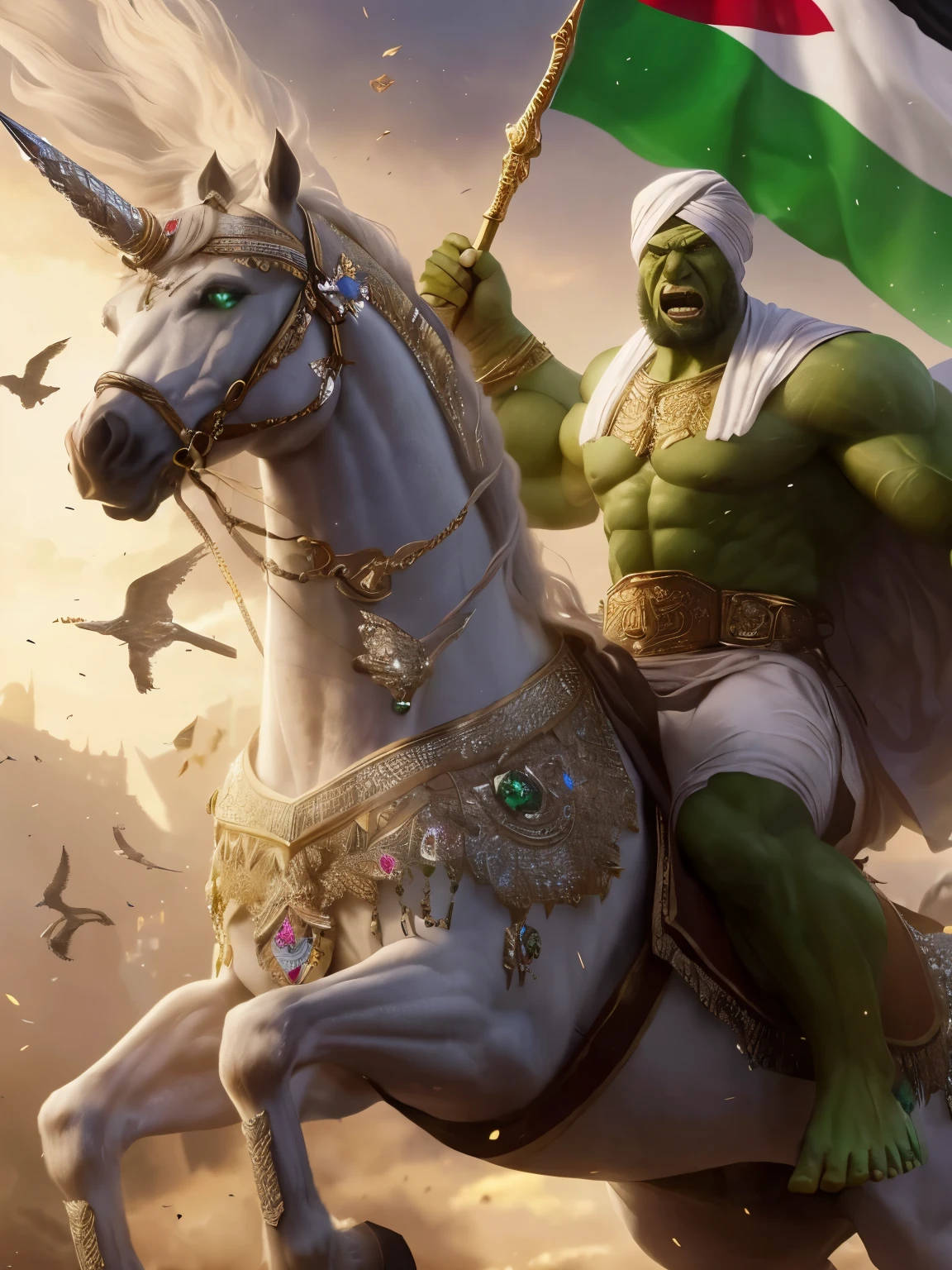 Extremely realistic, Ultra detailed, Make a this realistic, ((16K, Raw, Photography realistic:1.25)), (Masterpiece, Extremely high quality), epic skin, sharp eyes, Screaming expression, Realistic face, Detailed face, Perfect face, Araffe on a white horse with a green face and a flag, ((Palestina Flag)), Hulk wearing a white turban is riding a winged Pegasus horse, ((while holding a dazzling luxury gold spear)), ((decorated with lots of sparkling diamonds)), ((waving the flag, save, Palestinian flag)), face realistic detail, natural shadow, natural bright, dramatic atmosphere, background CGI effect, realistic flying birds, realistic smoke dust, realistic sky, realistic unicorn horse, light up horse eyes, realistic horse wings, color balance, all look very detailed, very real and natural, Arabic orc, persian warrior, boris johnson as hulk, donald trump as the hulk, hulkish, heroic fantasy photogrraphy, epic digital art illustration, an angry muscular army general, horse warrior, Horse hair is realistic and very detailed, an epic majestical degen trader, 16k fantasy photo, by Ahmed Karahisari, hyper realistic shadow, hyper realistic lighting, hyper realistic for all, ultra detail for all, Clean splash, Clean spot, Ultra clean photo,