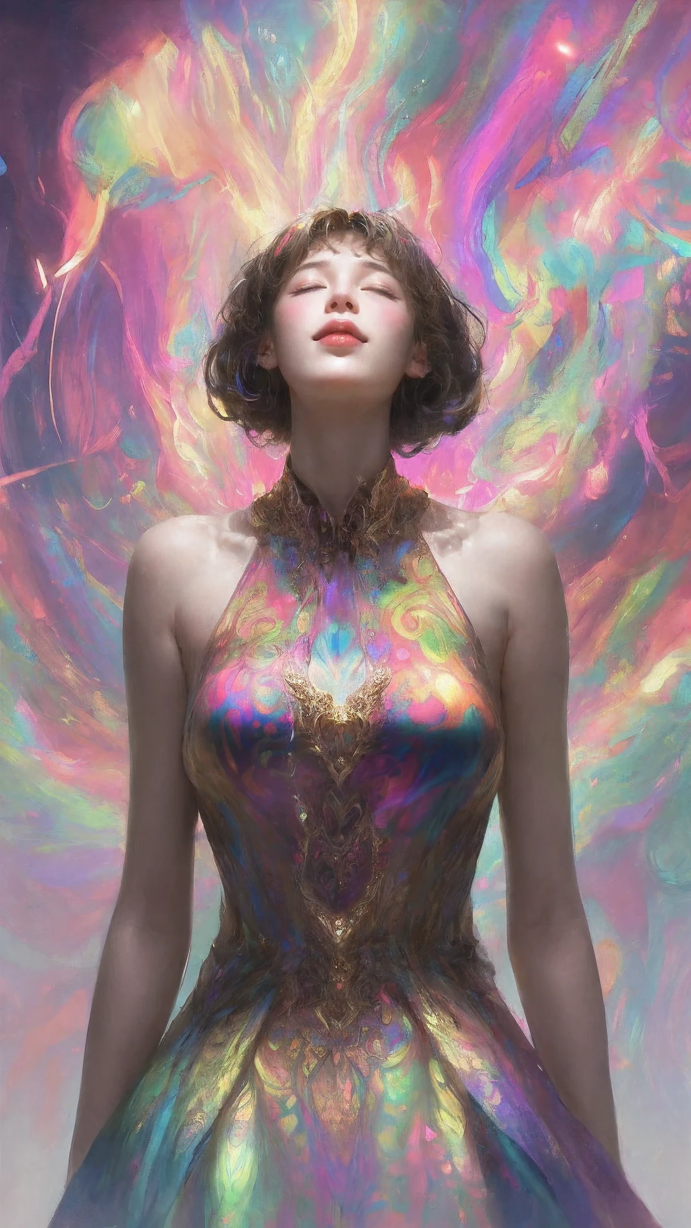 (psychedelic art:1.5), (from below:1.2), complicated clothes, Upper body, eyes closed,