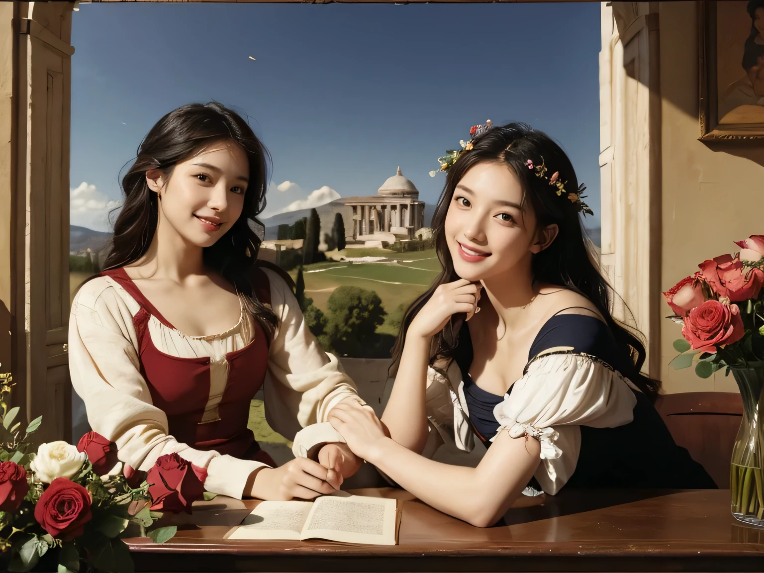 Giorgione painting style,Arguments of two female Philosophe,math、astronomical machine、astronaut、roses in vase、fruits、Cute trinkets、smile、ancient greek costume、Ancient Roman landscape in the style of Nicolas Poussin,laughter,,Sweet and seductive appearance.、Caravaggio's paintings、Chiaroscuro of Caravaggio、hair tousled by the wind,Two women frolicking,cute smile, expression of ecstasy,Sexy,erotic