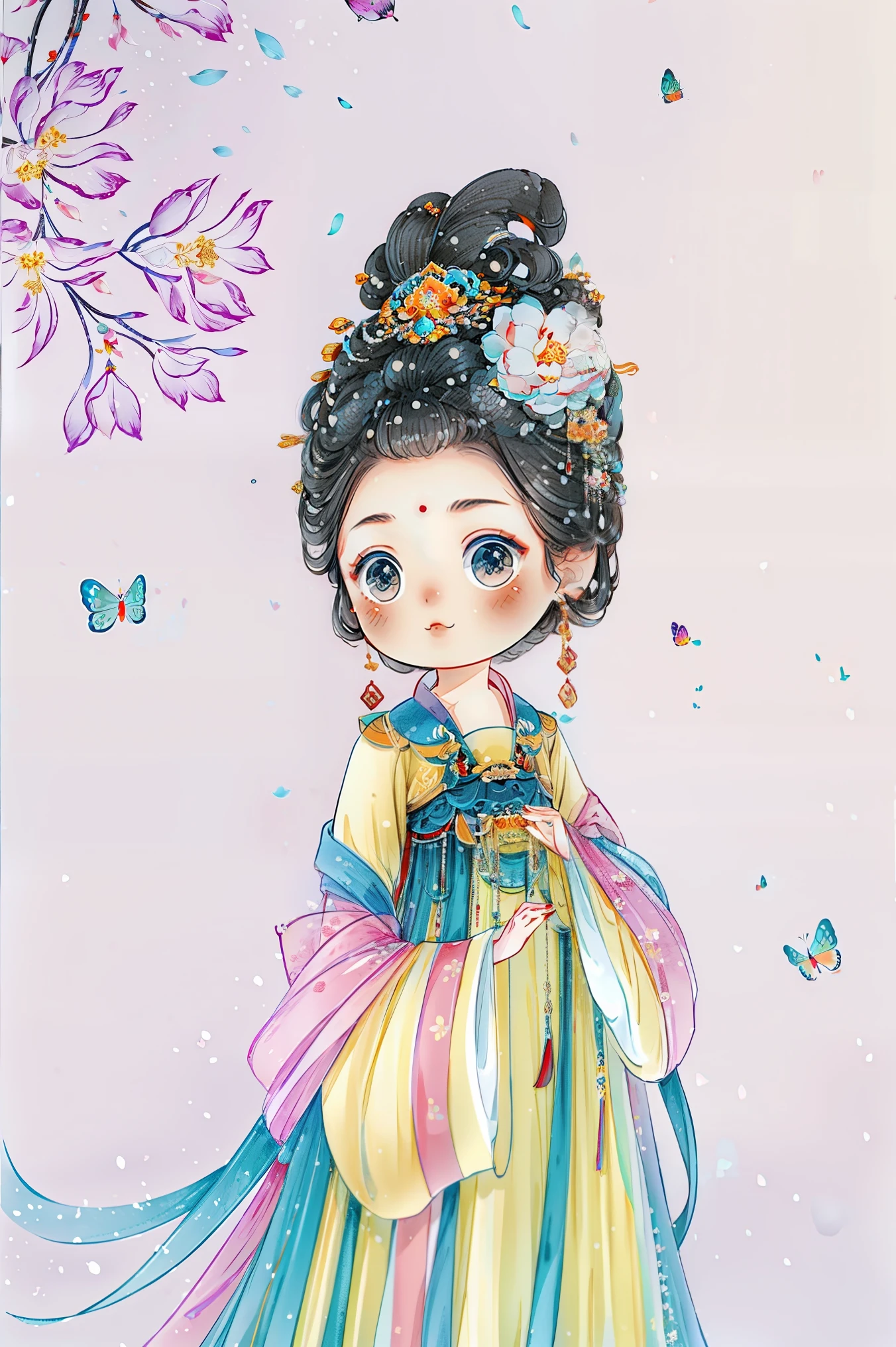 1 sister, alone, looking at the audience, Blushed, background with, black hair color hair, hair accessories, Qing Dynasty flag head,. princess crown, long sleeves, White background, Everlasting, Full body female love, flowers bloom, hair flower, bun, Butterfly, masterpiece, recent quality, best details, clear facial features, beautiful eyes