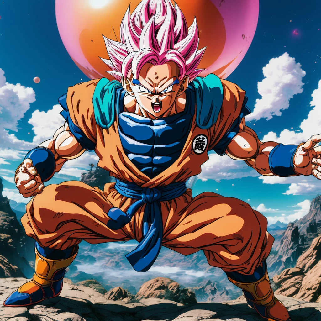 Dragonball, aesthetic, extremely detailed, Epic, High-resolution, Illustration, mid shot, Dragonball, exhilarated, powering up, otherworldly battle, alien planet, vibrant colors, dynamic lighting, edge lighting, fantasy, contrast, Fujifilm Superia, cinematic, Akira Toriyama, Jim Lee, Todd McFarlane.