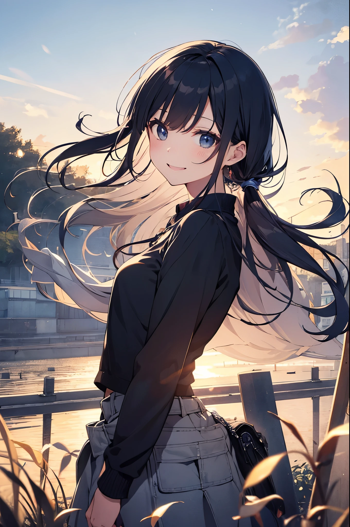 (Pretty sister:1.3)、happy face,spring atmosphere、night、aggressive、way home、((strong wind))、the sky is falling