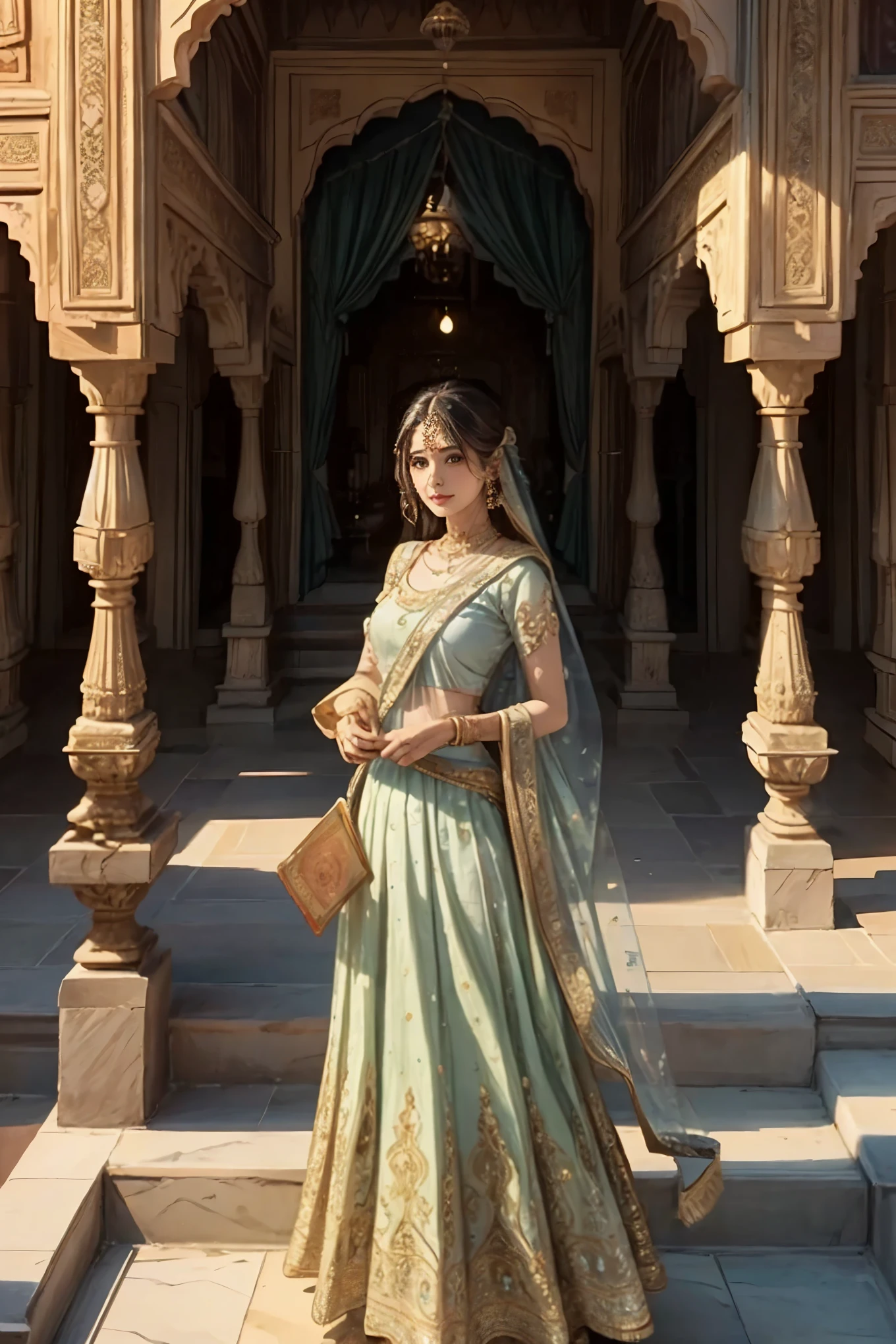 Please create a Rajasthani Hindu marriage invitation card background of the highest quality and masterpiece standard. Imagine a vivid and intricately detailed scene, filled with the rich culture and beauty of Rajasthan. The backdrop is set against a subtly lit, sandstone palace with ornate carvings.
The marble wall's surface reflects the warm glow of the setting sun, casting a soft golden hue over the entire scene. The empty spaces are adorned with exquisitely painted peacocks, their radiant blue and green feathers standing out against the warm colors of the background.
The invitations are printed on ultra-detailed 8K CG paper, resembling
