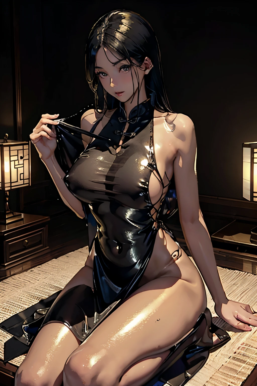 best quality, nsfw, extremely beautiful, beautiful face, (((tanned))), see through chinese transparent clothes, ((oiled skin, shiny skin, reflective skin))