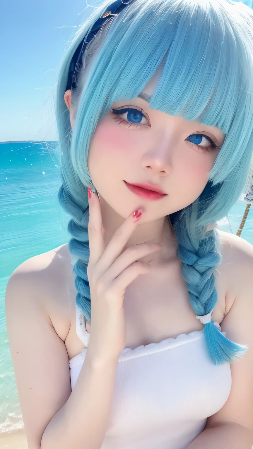 (Masterpiece: 1.6, Best Quality), (Fine Beautiful Eyes: 1.2), ph_rem, Remhd, 1girl, Blue hair, Solo, Blue eyes, Maid, Sea, Bay, Daylight, Tree, Wave, Raise Your Arms, Micro Bikini, Swimsuit