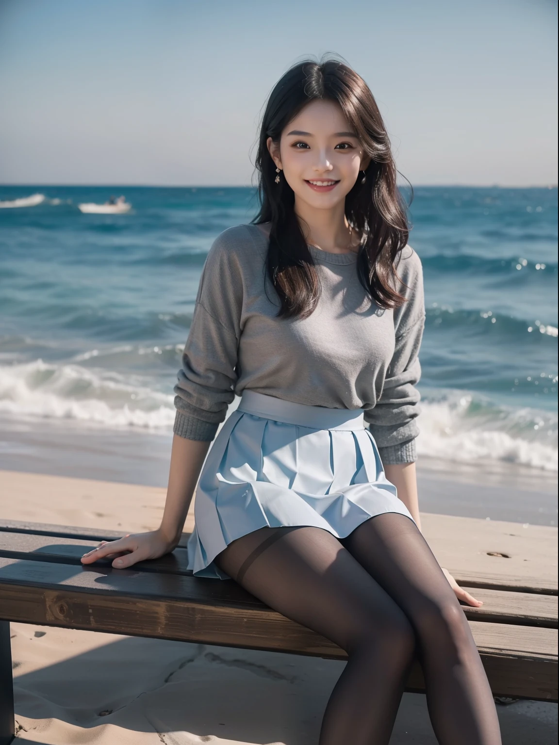 (whole body:1.5),(1 girl:1.3),(view viewer:1.4),(correct anatomy:1.3),(Sitting on a bench by the sea:1.2),(pink and blue rubber skirt :1.2),( dim gray pantyhose:1.3),pumps、( girl's pointed thick heels :1.1),(accurate and perfect face:1.3),hyper hd, ray tracing, reflected light, structurally correct, Award-winning, high detail, Brighten the contrast of shadows, face lighting ,cinematic lighting, masterpiece, super detail, high quality, high detail, 最high quality, 16k,high contrast,black hair、whole body写真、ear piercing、refreshing smile、smiling showing teeth、