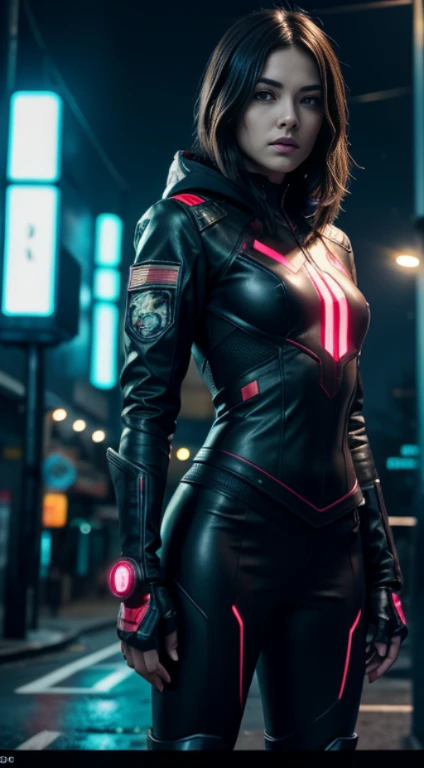 throne, cyberpunk portrait photography, beautiful brunette robot woman with brown eyes, looking outside the camera in shining neon, futuristic tactical jacket with hood, tactical boots, super realistic face, correct eye position, Genuine Leather, soft light, bezel, hips, On the side of the road, detailed background, complex full body shot, High detail, octane render, HD, 8k