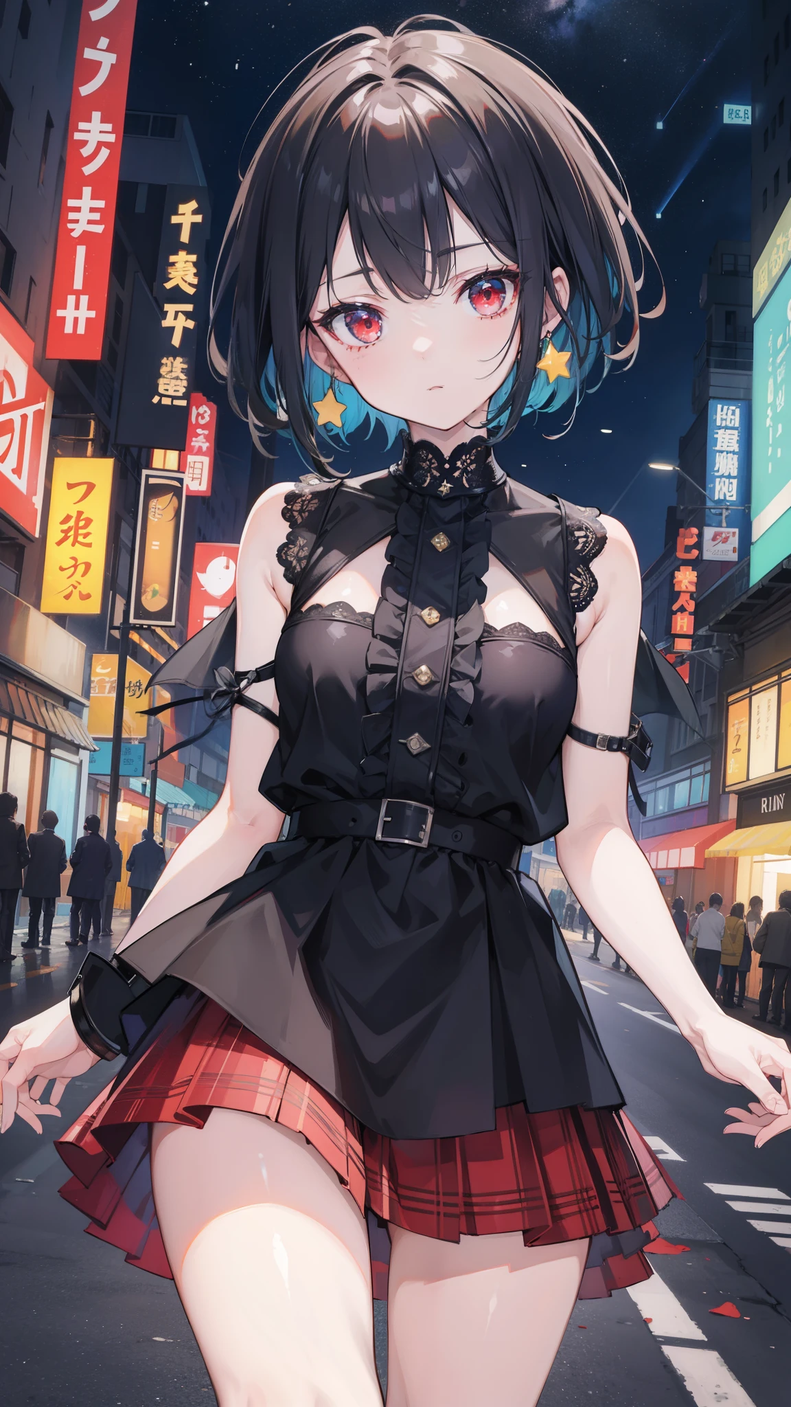 ((masterpiece)), (highest quality),, official art, very detailed CG Unity 8k 壁紙, very detailed, shiny skin, Depth of the bounds written, Bright colors,, 1 girl, (winding:0.4), (whole body:0.6),, short hair, bangs, red eyes, skirt, looking at the viewer, night, street, neon, think back, star (null), crowd, Upper body,
