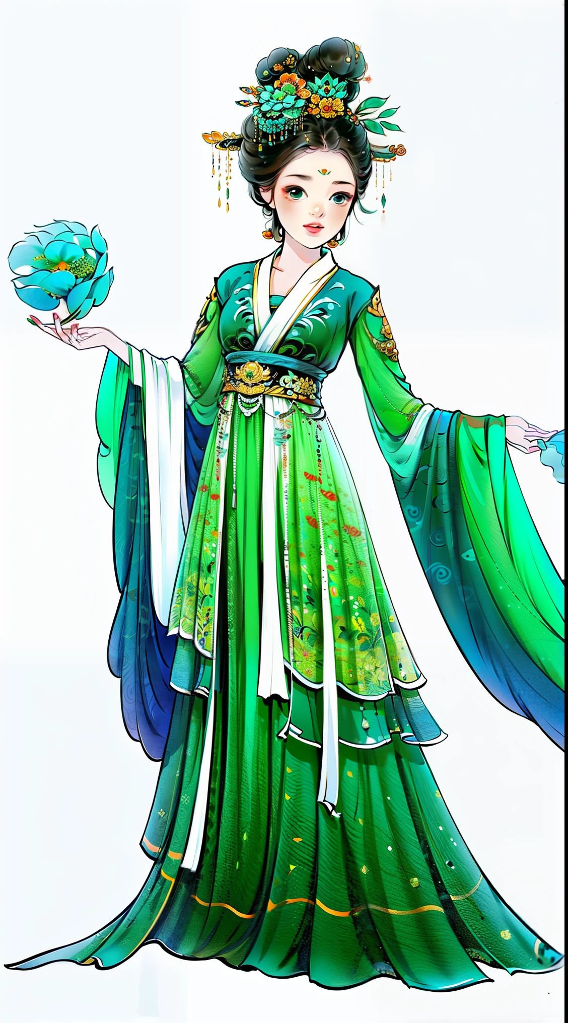 1 female(pretty face),Unique,full body standing painting,alone,Transparent Background,Original character designs from East Asia,Game character costume design,layered sequins,green gorgeous skirt,high detail,color grade,White background,ultra high resolution,sharp focus,HD,8k,clear facial features,clear details