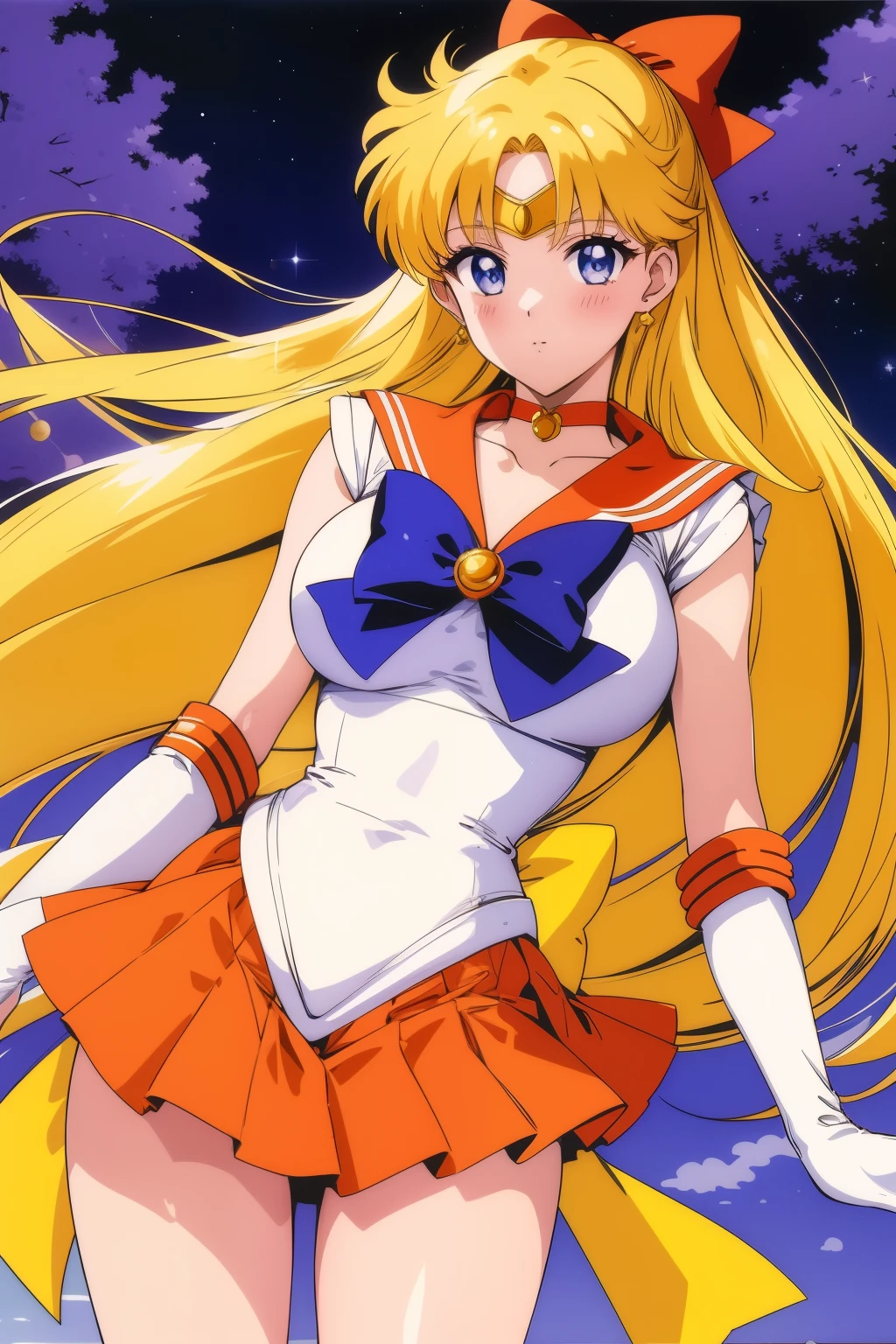 highest quality anime art、masterpiece、high definition anime art、Anime style4K、High resolution、sailor warrior uniform、anime aunt、mature woman、mature woman、annual increase、woman in her 40ILF、Minako Aino、orange choker、golden choker、bow、very long blonde woman、white gloves、elbow bag、orange skirt、golden skirt、rating:safe、sailor venus、solo、Magical girl、orange sailor collar、golden sailor collar、purple bow tie、blue eyed woman、skirt、red_head_bow、yellow_back_bow、white leotard、high leg leotard、white dress、jewelry、red_hair_bow、earrings、woman with very large breasts、big breasts、circlet、mini skirt、pleated skirt、half up hair、violet _bowtie、cowboy shot、looking_at_viewer、night sky、a woman is standing、shiny、moon、expressionless、bare shoulders、bare legs、(1990s\(style\):0.9)、