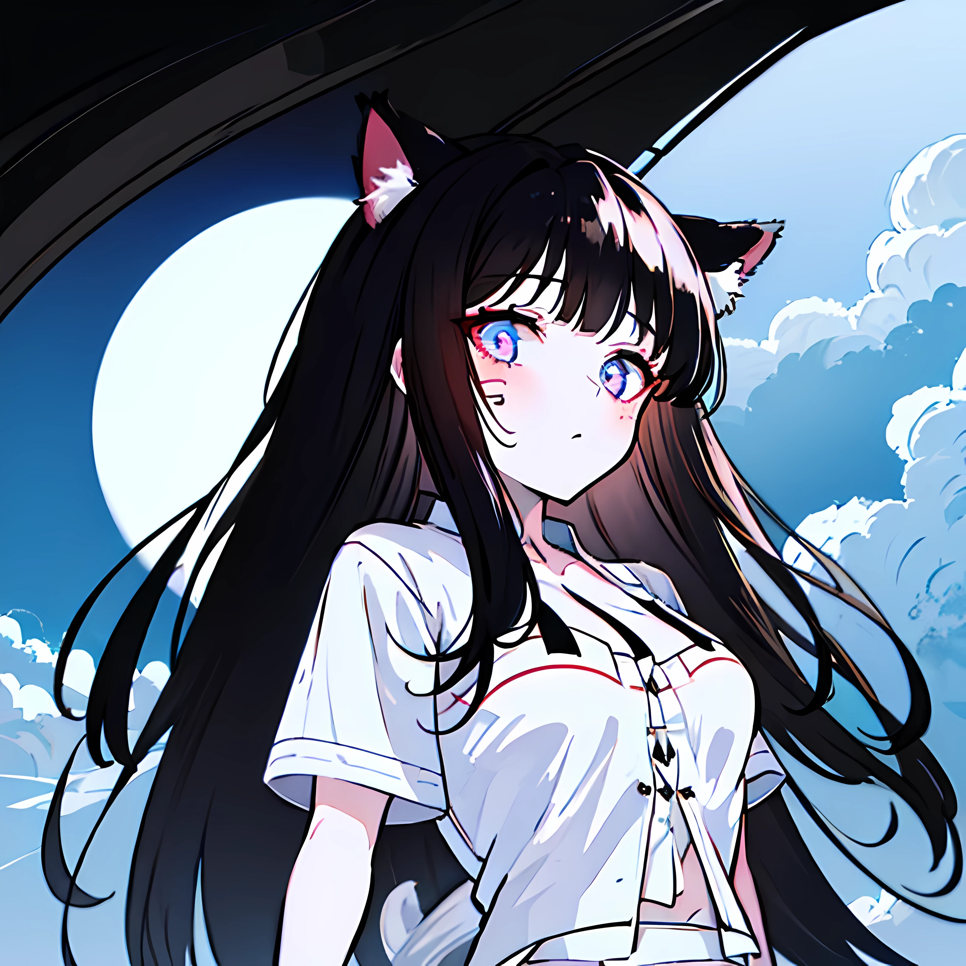 {{{{Masterpiece, Extremely detailed, Intricate details, Soft focus, 8K, A high resolution, Depth of field, absurderes, high quality facial shadowing, dynamic shadowing, extreme shaders, Cinematic lighting, Perfect lighting, Soft lighting, Hazy lighting, blurryforeground, Lens flare}}}}, Best quality, asian qualities, {Front view}, (Solo:1.2), (Beautiful young girl:1.3), High school girl, {{{Extremely detailed girl, Perfect anatomy, Perfect body}}},(detailed cat ears:1.3), Black cat ears:1.1, (beautifully detailed hair:1.3), (Hollow black hair:1.3), Luscious waist-length hair, (multi-layered hair:1.5), (hair splayed out:1.2), beautiful-detailed facial structure, Detailed beautiful face:1.3, Sexy face, A grim face, slender facial structure, (Detailed face:1.33), Big eyes, (Detailed glowing eyes:1.1), luminous red eyes, (Detailed facial expressions:1.1), Shy, detailed-slight red blush, (detailed :1.2), Small size chest, (Slim waist:1.1), (Slim legs:1.1), The stands up, (Plain white button school T-shirt skirt:1.2), (A delicate plain white skirt:1.4), (detailed pure white socks:1.4),cleavage,natta,solo,nigh sky,exteriors,themoon,As estrelas,clouds,ventania