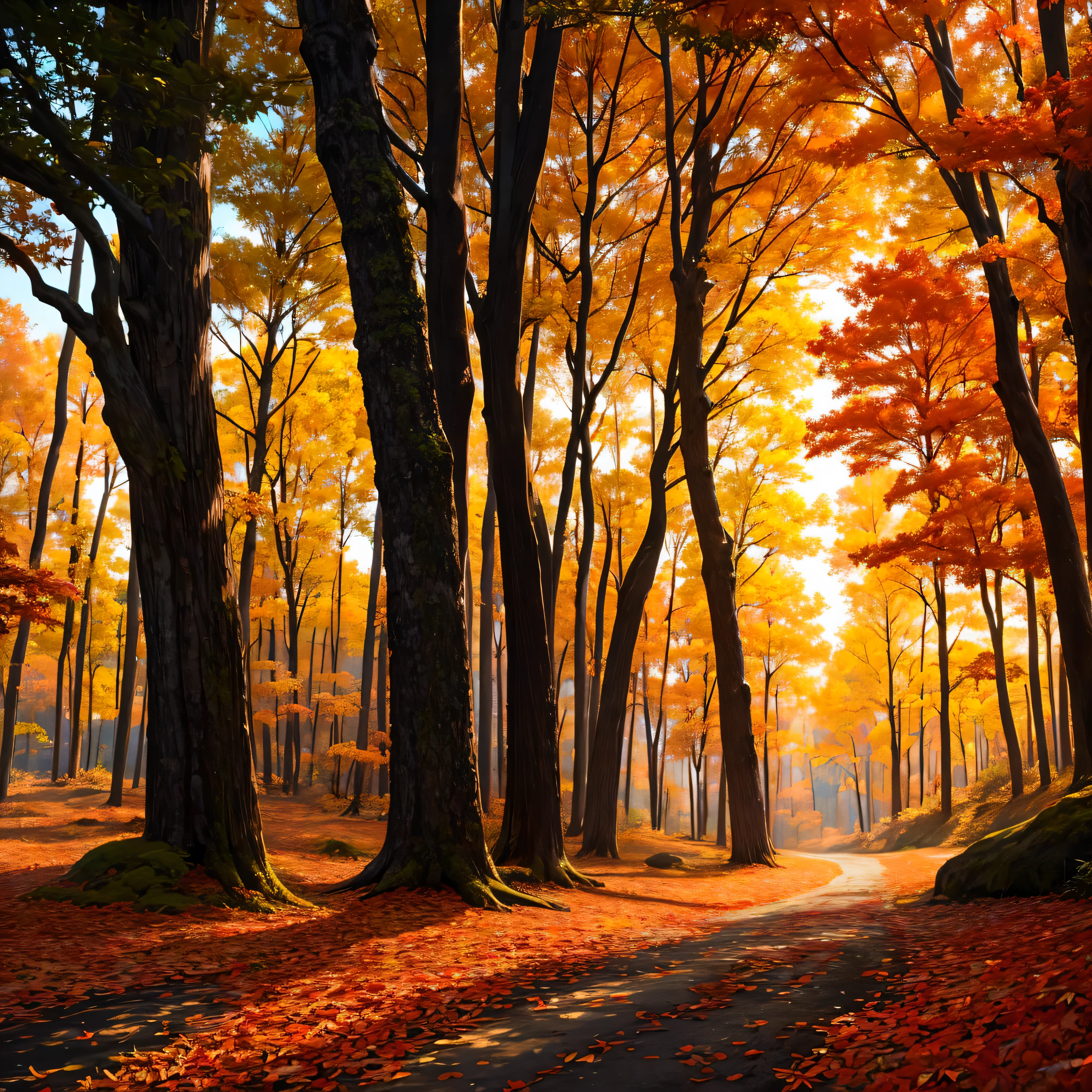 beautiful forest with red and yellow maples, amidst the forest, there is a sunset and behind the trees, there is an ocean, sky is brilliant orangish yellow Serenity, falling leaves! realistic 4k image anime like trees.